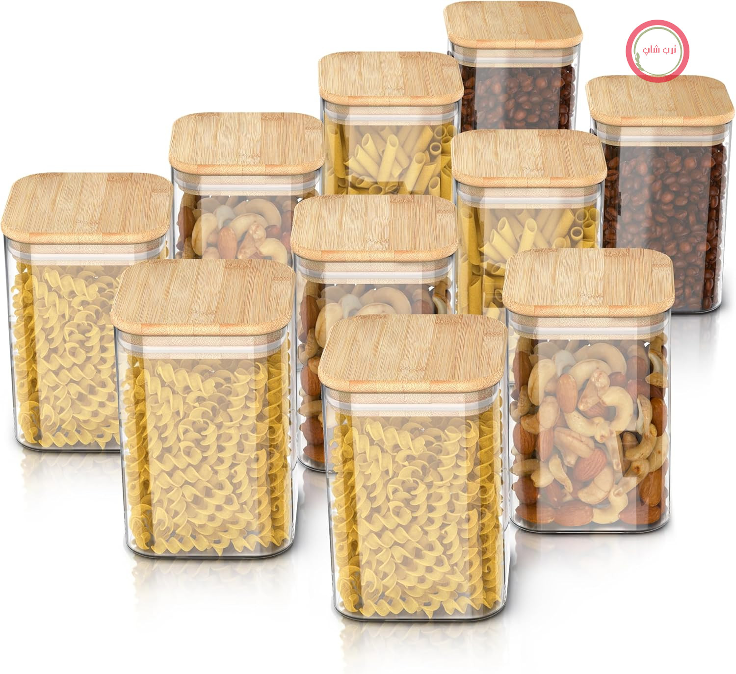 آرندو - ظروف نگهداری با درب - 1650 میلی لیتر - مجموعه 10 عددی - ظروف شیشه ای - مقاوم در برابر حرارت - شیشه های نگهداری با درب بامبو - بدون درز - برای موسلی، شکر، آرد، قهوه، برنج