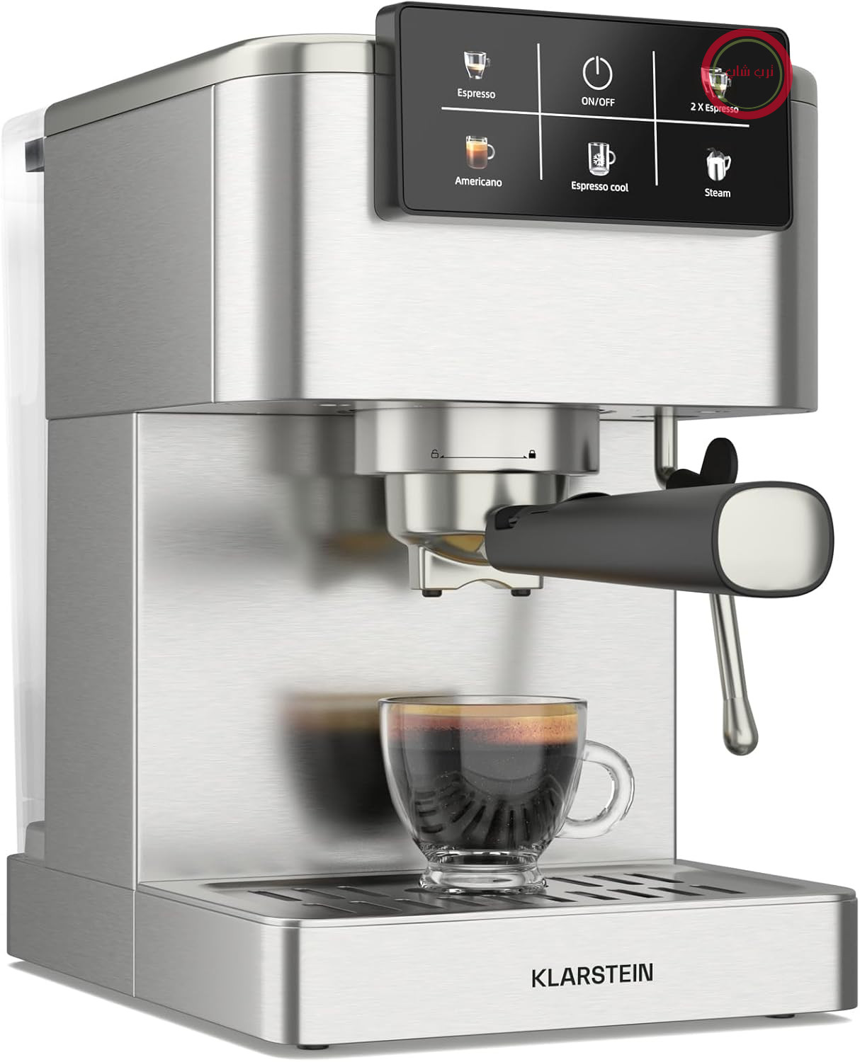 دستگاه اسپرسوساز Klarstein SteelPresso Touch – 20 بار، 1350 وات، استیل ضد زنگ، مخزن آب 1.5 لیتری، صفحه نمایش لمسی، کف ساز شیر یکپارچه، طراحی جمع و جور، دستگاه قهوه