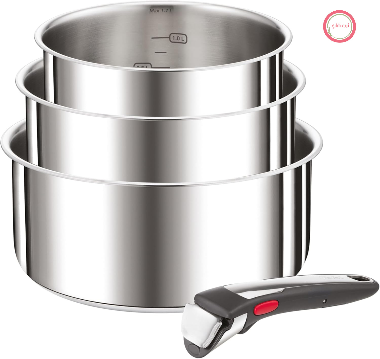 سرویس قابلمه ۴ تکه Tefal Ingenio Preference On، سایز ۱۶/۱۸/۲۰ سانتی‌متر، قابلمه با دسته جداشدنی، قابل چیدمان روی هم برای پخت القایی، کم جا، استفاده و تمیز کردن آسان، استیل ضد زنگ، L898S3