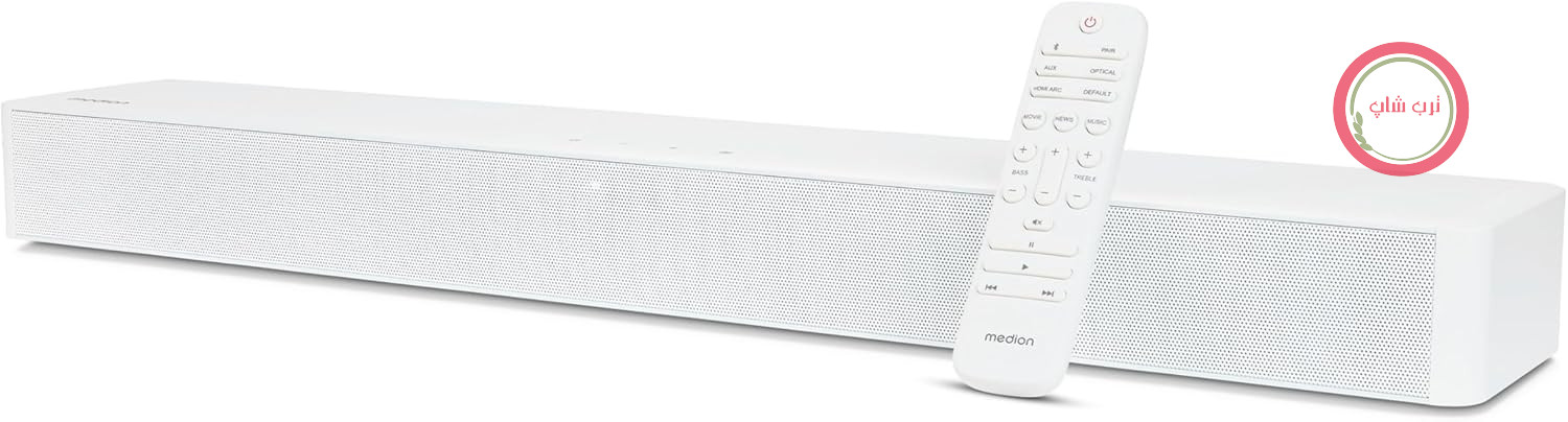 ساندبار MEDION P61155 2.0 با بلوتوث (شامل ریموت کنترل، کنترل لمسی، HDMI (ARC)، AUX، ورودی اپتیکال، 2 عدد بلندگوی 30 وات RMS) سفید