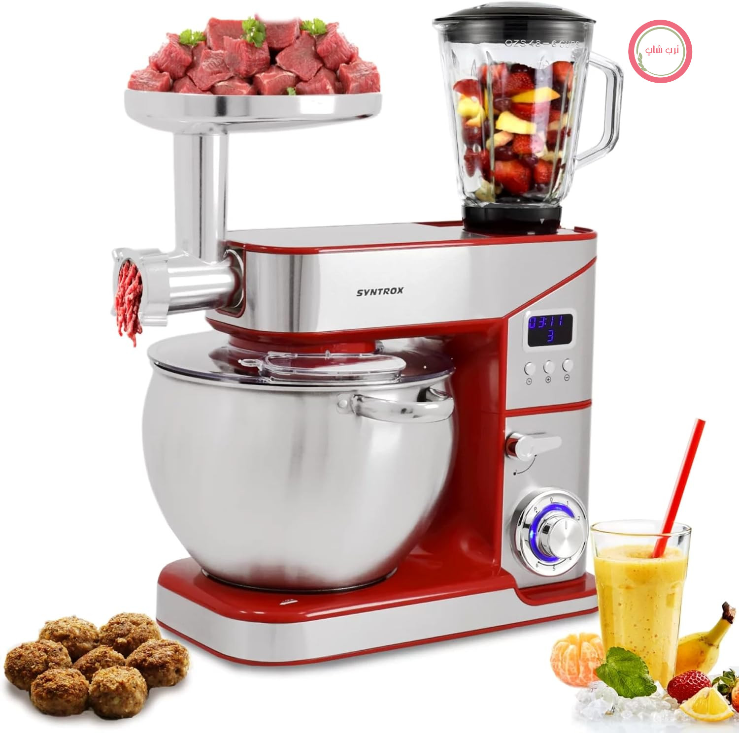 غذاساز سینتروکس آلمان Syntrox Germany استیل ضد زنگ قرمز، ظرفیت 10 لیتر، لوازم آشپزخانه و چرخ گوشت، همزن قدرتمند، 2000 وات، غذاساز چند منظوره، کاسه استیل ضد زنگ