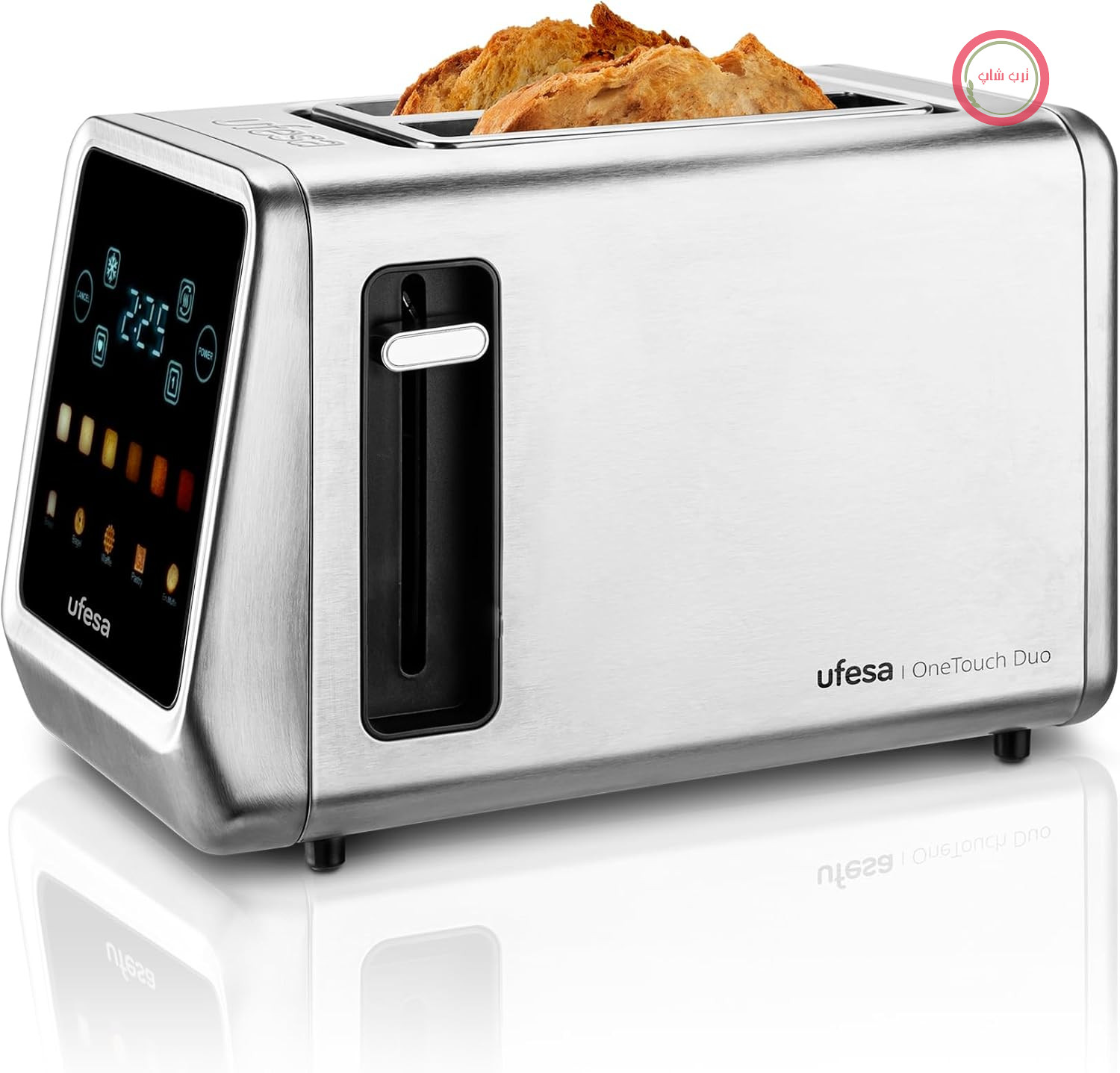 توستر دیجیتال یوفسا اسپانیا Ufesa One Touch Duo با توان ۸۵۰ وات، ۲ جایگاه، صفحه نمایش LED، ۶ سطح برشته کردن، عملکردهای نان، شیرینی، مافین، وافل، گرم کردن مجدد، یخ‌زدایی، عملکرد حافظه، سینی خرده نان