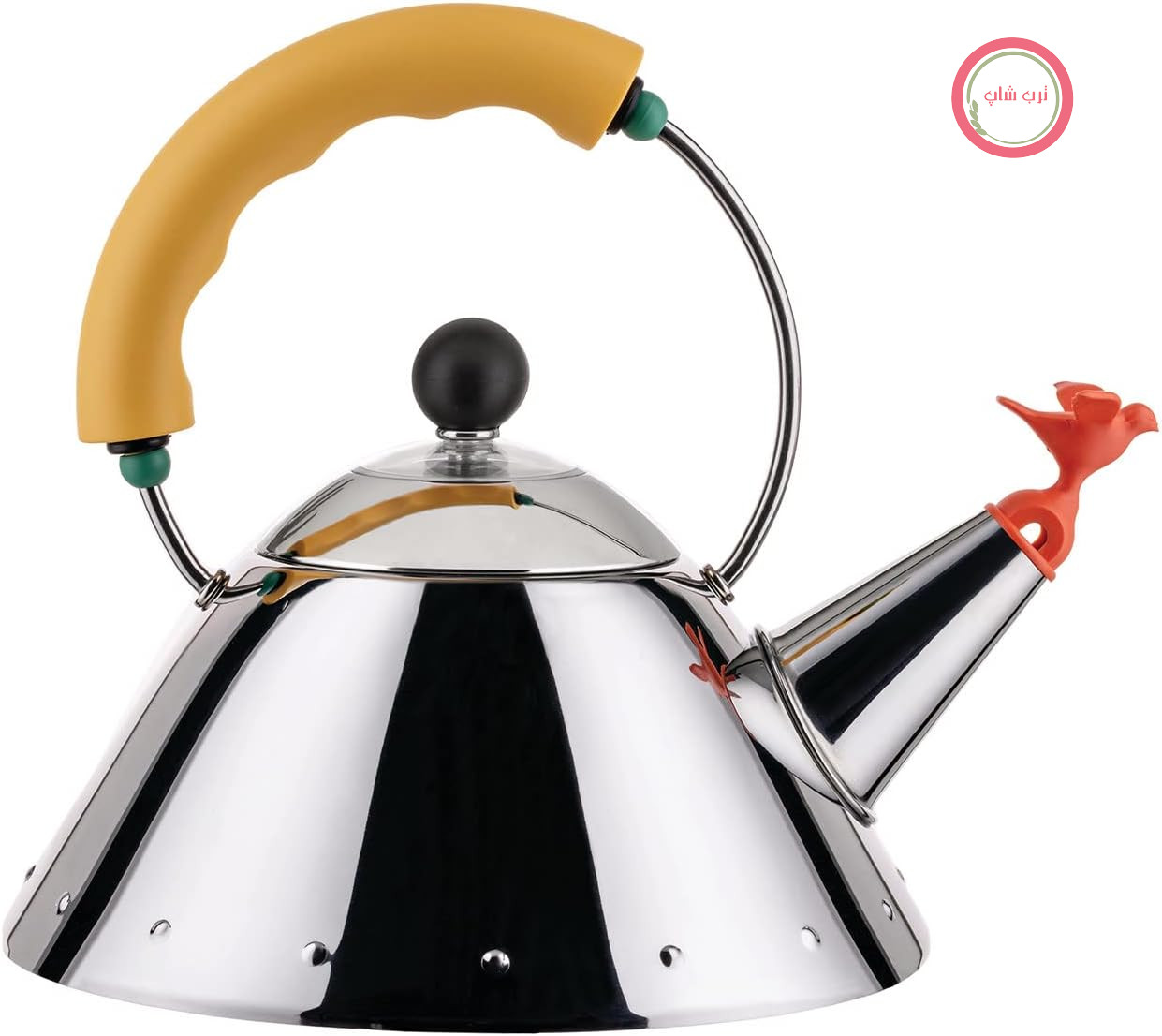 کتری Alessi 9093/1 Y - کتری با پایه مغناطیسی ساخته شده از استیل ضد زنگ 18/10، روکش براق، مناسب برای اجاق گازهای القایی، با دسته و سوت PA به شکل پرنده، زرد