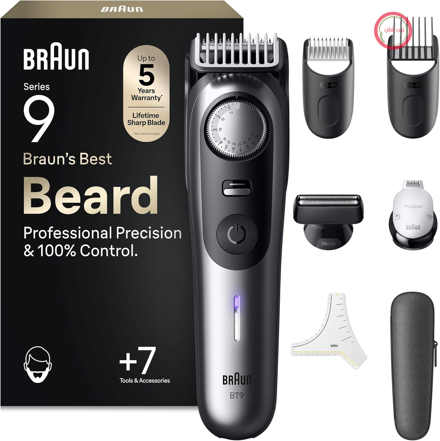ماشین اصلاح ریش براون سری 9، ماشین اصلاح ریش بی‌سیم مردانه، BT9520، کروم | ریش‌تراش با 52 حالت تنظیم طول، ماشین اصلاح با 180 دقیقه عمر باتری، ضد آب، شامل 7 ابزار اصلاح، تیغه فوق‌العاده تیز مادام‌العمر