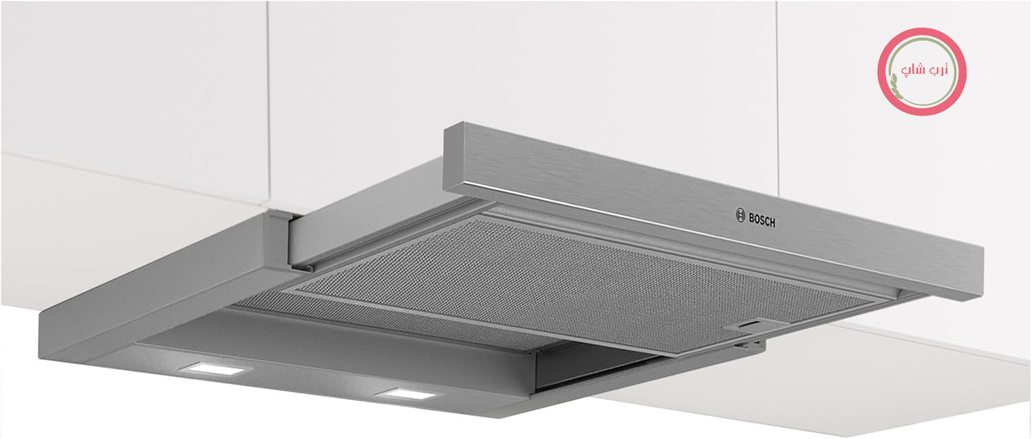 هود آشپزخانه صفحه تخت Bosch DFL063W57 سری 2، 60 سانتی‌متر، ساخت آلمان، قدرت مکش قوی، روشنایی LED، عملکرد بی‌صدا، فیلترهای چربی قابل شستشو در ماشین ظرفشویی، قابل تنظیم به صورت جداگانه، نقره‌ای