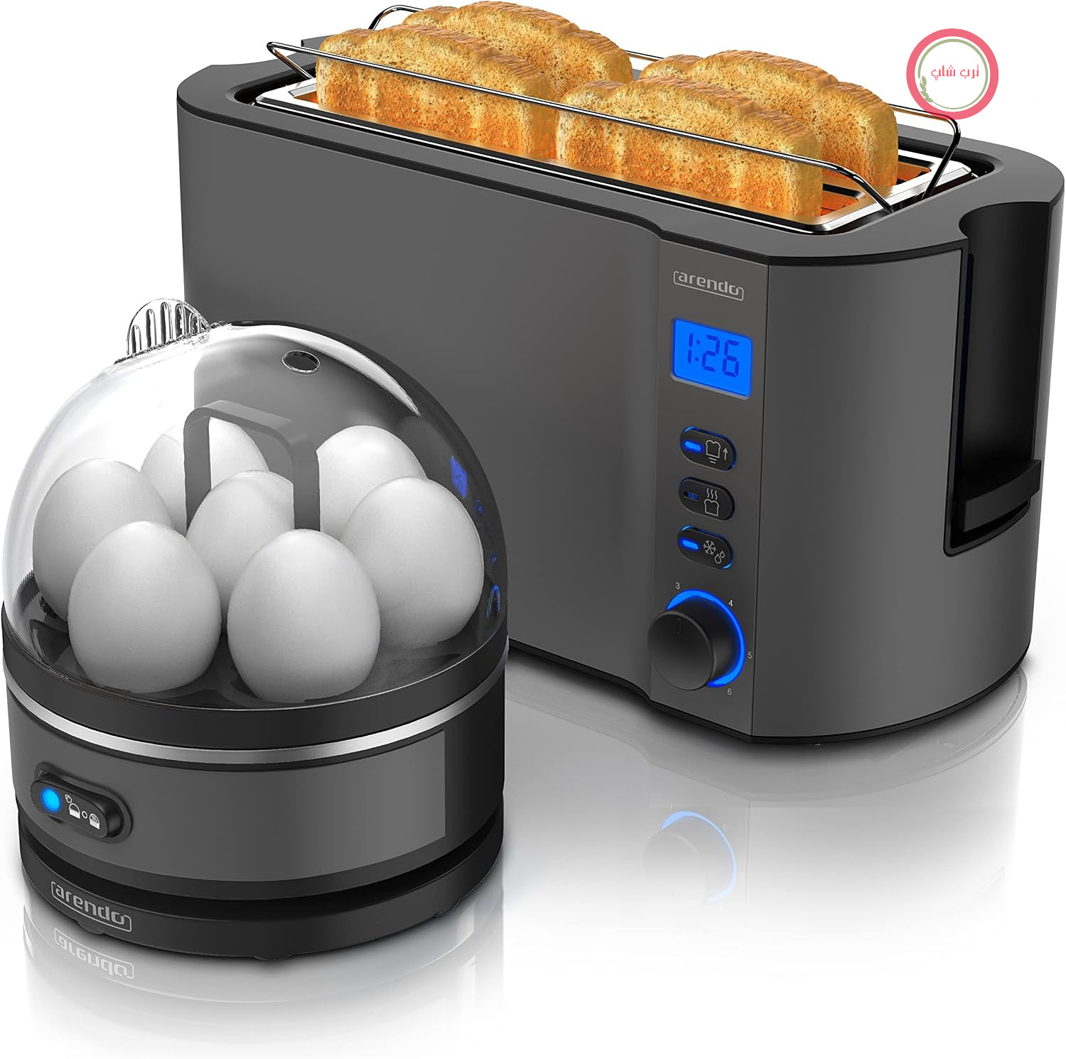 Arendo - ست توستر MANHA با قابلیت پخت تخم مرغ SEVENCOOK، استیل ضد زنگ خاکستری، توستر ۴ تکه، صفحه نمایش LED، ۶ سطح برشته کردن، جای نان - قابلیت پخت تخم مرغ ۱-۷ عدد، پیمانه مدرج