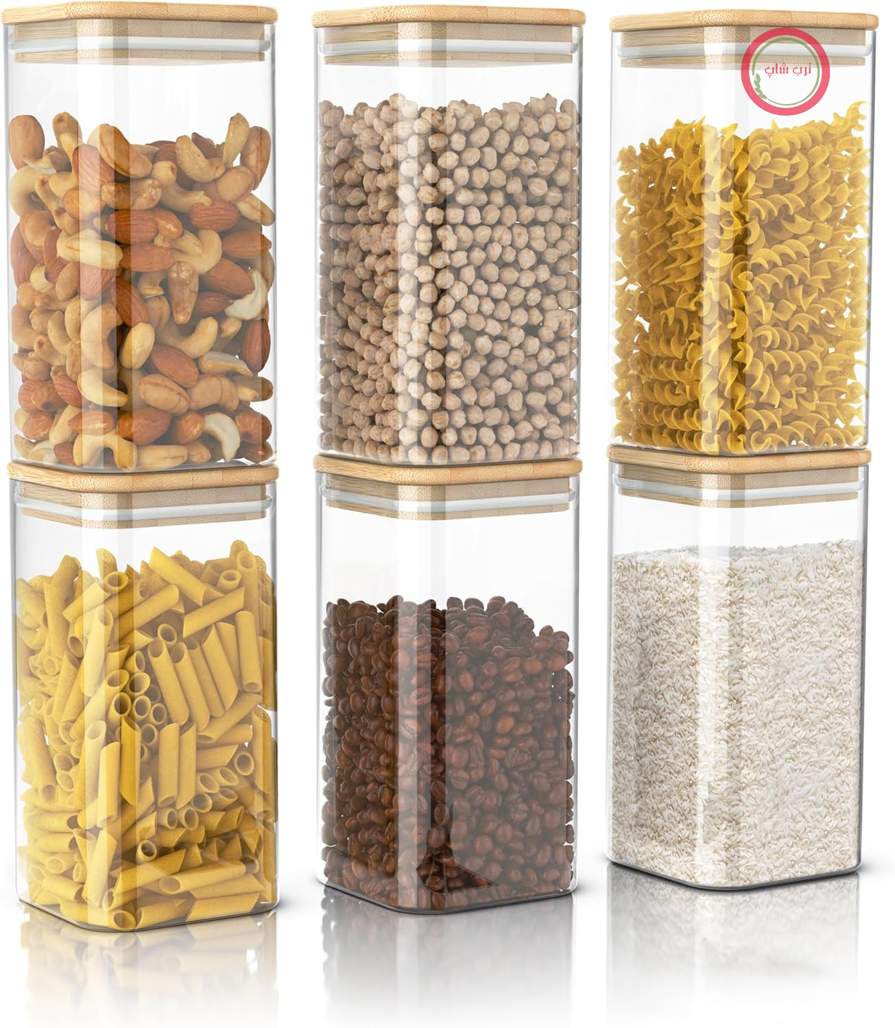 آرندو - ظروف نگهداری با درب - 1650 میلی لیتر - مجموعه 6 عددی - ظروف شیشه ای - مقاوم در برابر حرارت - شیشه های نگهداری با درب بامبو - بدون درز - برای موسلی، شکر، آرد، قهوه، برنج