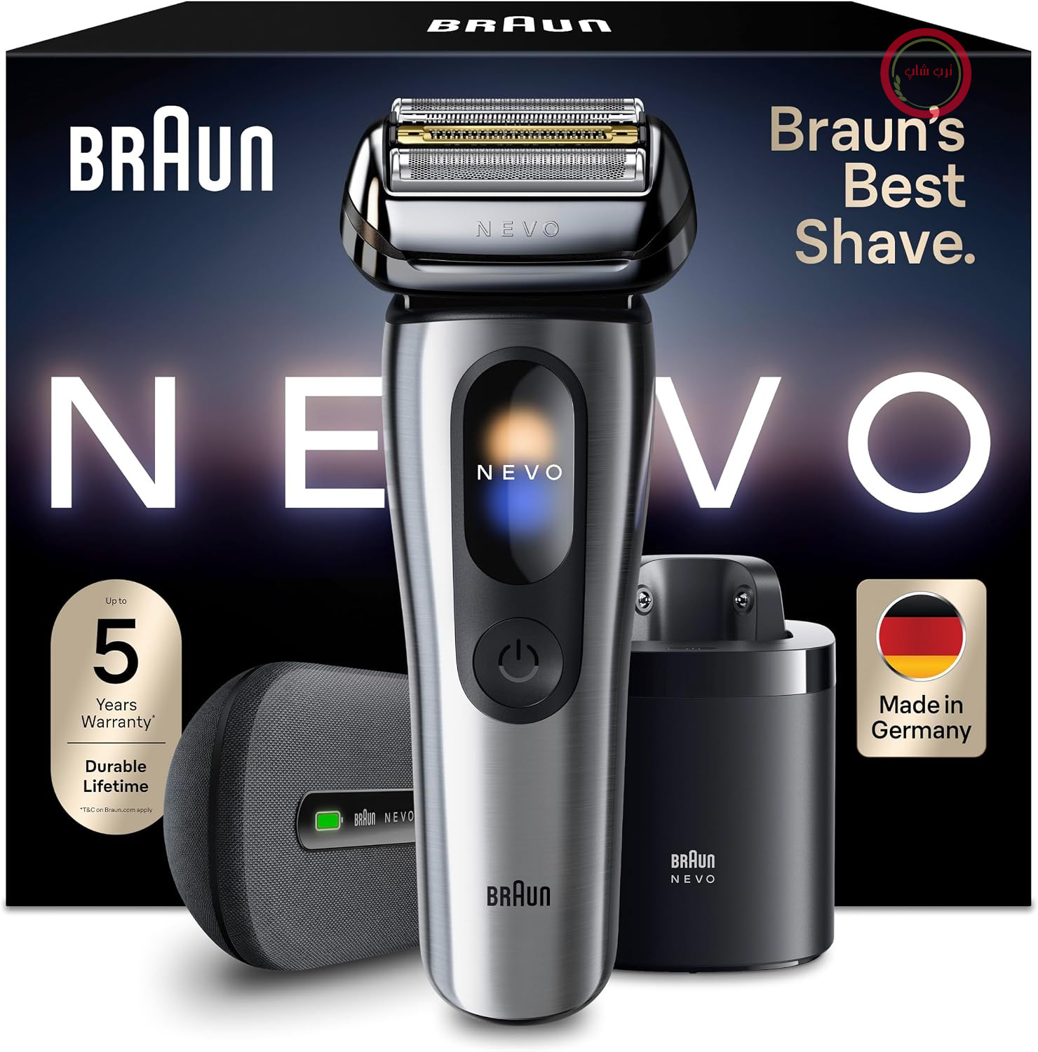ریش تراش برقی مردانه براون NEVO، NEVO17005C، نقره‌ای | ریش تراش برقی با فناوری AeroTouch برای اصلاحی روان و بی‌نقص، شامل سیستم مراقبت، کیف مسافرتی و شارژ