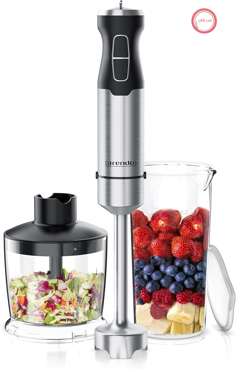 گوشت کوب برقی آرندو آلمان دارای ظرف مخلوط کن و پیمانه، دارای ۲ حالت سرعت، بدنه سبک، چاقوی ۴ تیغه، تمیز کردن آسان، ۱۰۰۰ وات، مشکی/نقره‌ای