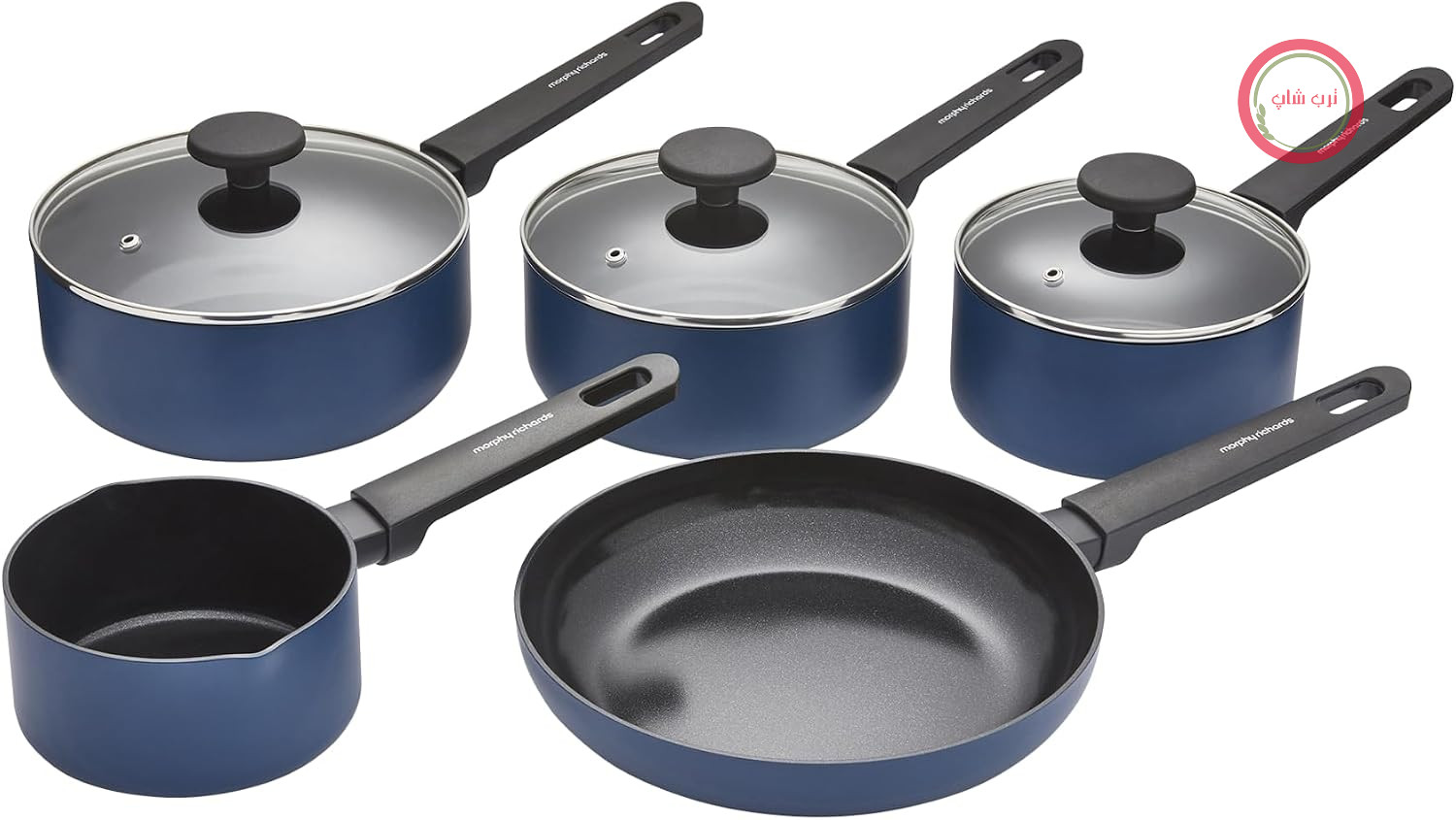 سرویس قابلمه مورفی ریچاردز انگلستان Morphy Richards مدل ۸۵۹۵۰۲، جنس آلومینیوم بازیافتی، قابلمه شیر ۱۴ سانتی‌متری، ماهیتابه ۲۳ سانتی‌متری، قابلمه‌های ۱۶، ۱۸ و ۲۰ سانتی‌متری، روکش نچسب، دسته‌های نرم، مناسب برای همه اجاق گازها