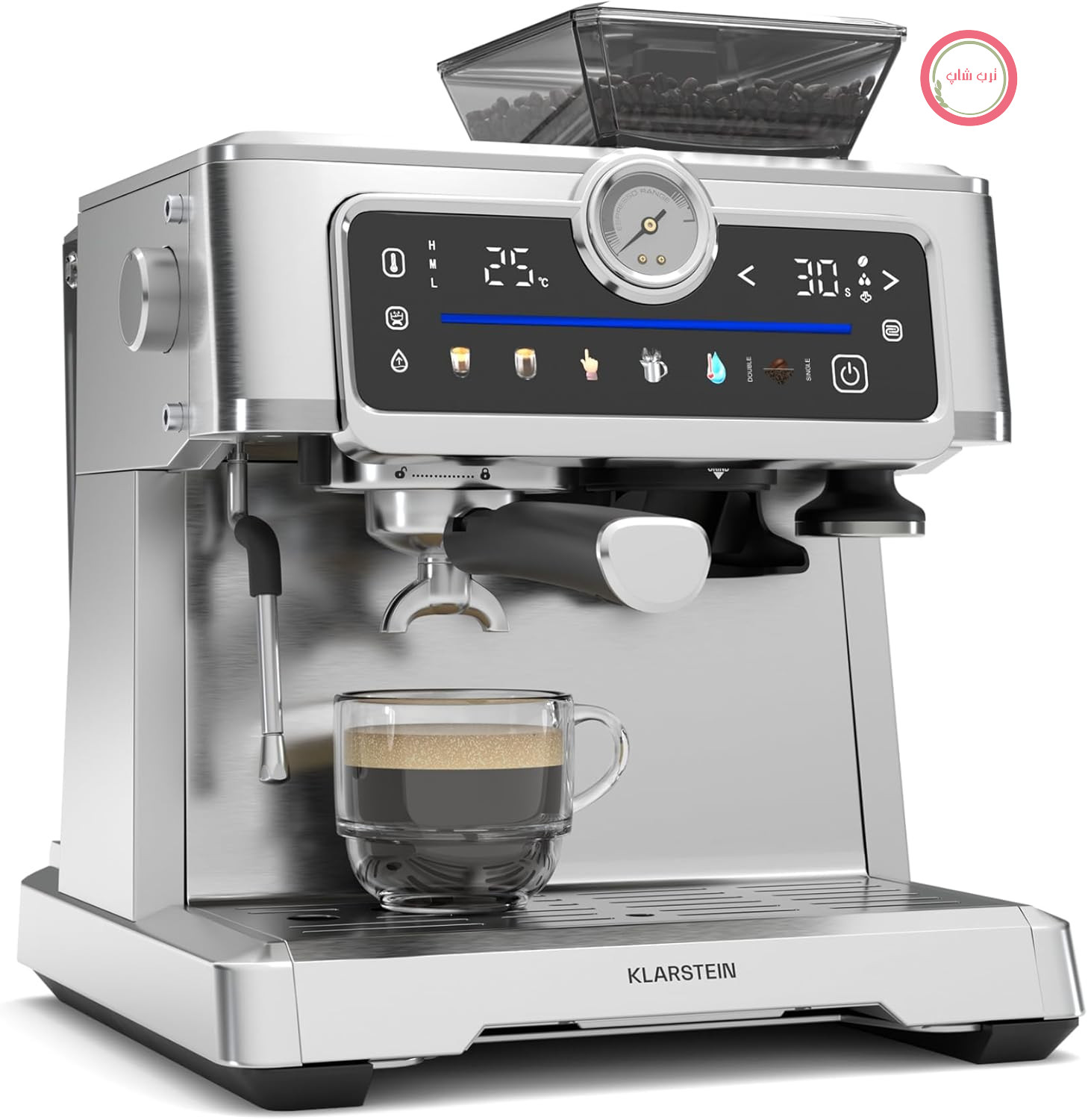 دستگاه اسپرسوساز Klarstein GrandPresso Touch با آسیاب – 20 بار، 1350 وات، آسیاب دقیق یکپارچه، مخزن آب 2.3 لیتری، صفحه لمسی، استیل ضد زنگ، نازل بخار، فشارسنج