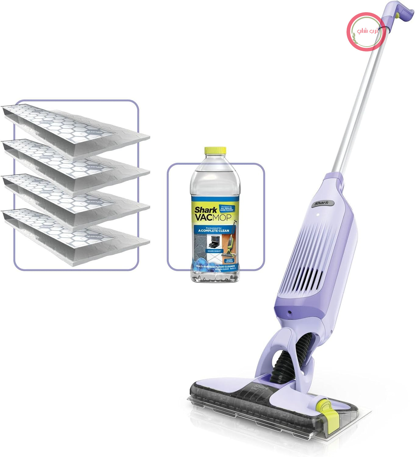 جاروبرقی بی‌سیم و اسپری تی Shark VacMop دو در یک برای سطوح سخت، ۴ پد یکبار مصرف، ۳۵۵ میلی‌لیتر پاک‌کننده کف برای سطوح مختلف، سبک وزن زیر ۲ کیلوگرم، تمیز کردن بدون نیاز به تعمیر و نگهداری، اسطوخودوس