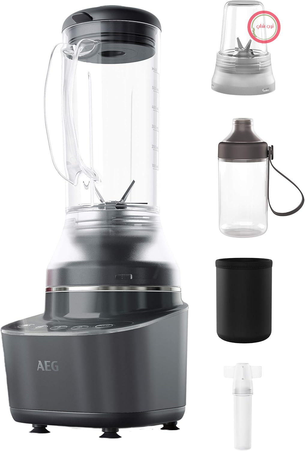 همزن کامپکت AEG CB7-1-8MTM (2 سرعت، 2 برنامه دستور غذا، عملکرد پالس، شامل لوازم جانبی، دکمه‌هایی با نور پس زمینه LED، چاقوی استیل ضد زنگ 6 تیغه، پارچ تریتان 0.6 لیتری، خاکستری)