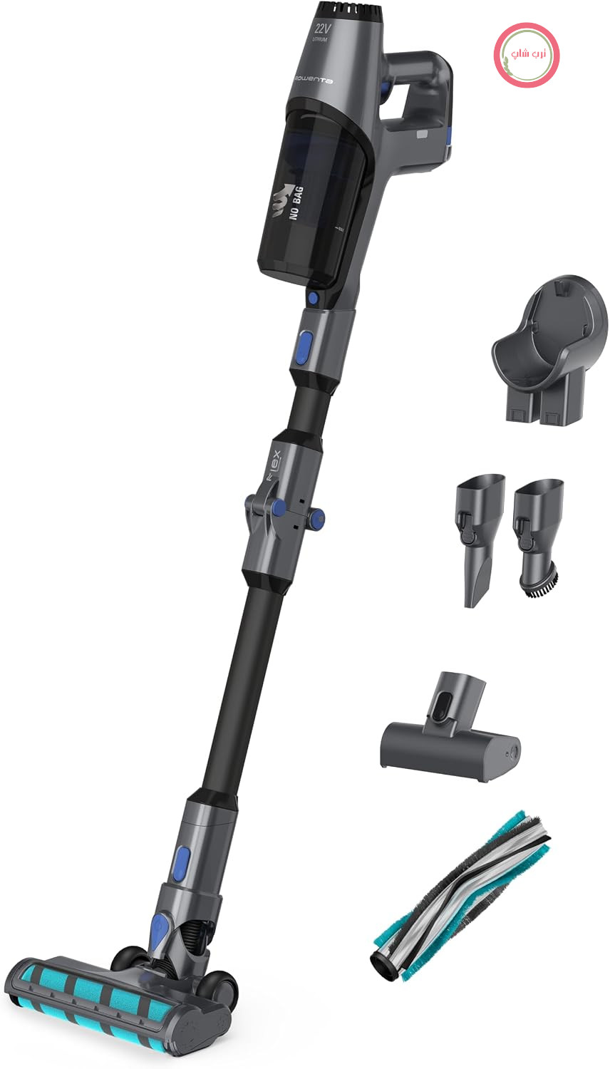جارو شارژی روونتا آلمان بی‌سیم Rowenta X-Pert 3.60، جاروبرقی بدون کیسه، قدرت مکش 3 در 1، تمیز کردن از کف تا سقف، 45 دقیقه زمان اجرا، سر مکش با چراغ‌های LED، خاکستری-آبی، RH6971WO