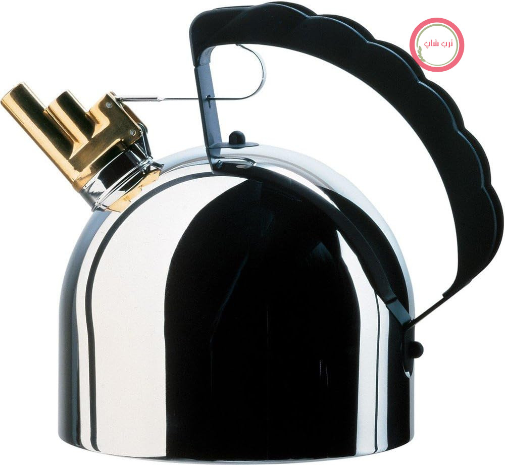 کتری استیل ضد زنگ Alessi 9091 FM با درجه سختی 18/10، براق و صیقل داده شده، دارای یک فلوت برنجی ملودیک و دسته مشکی PA. پایه استیل ضد زنگ مغناطیسی.