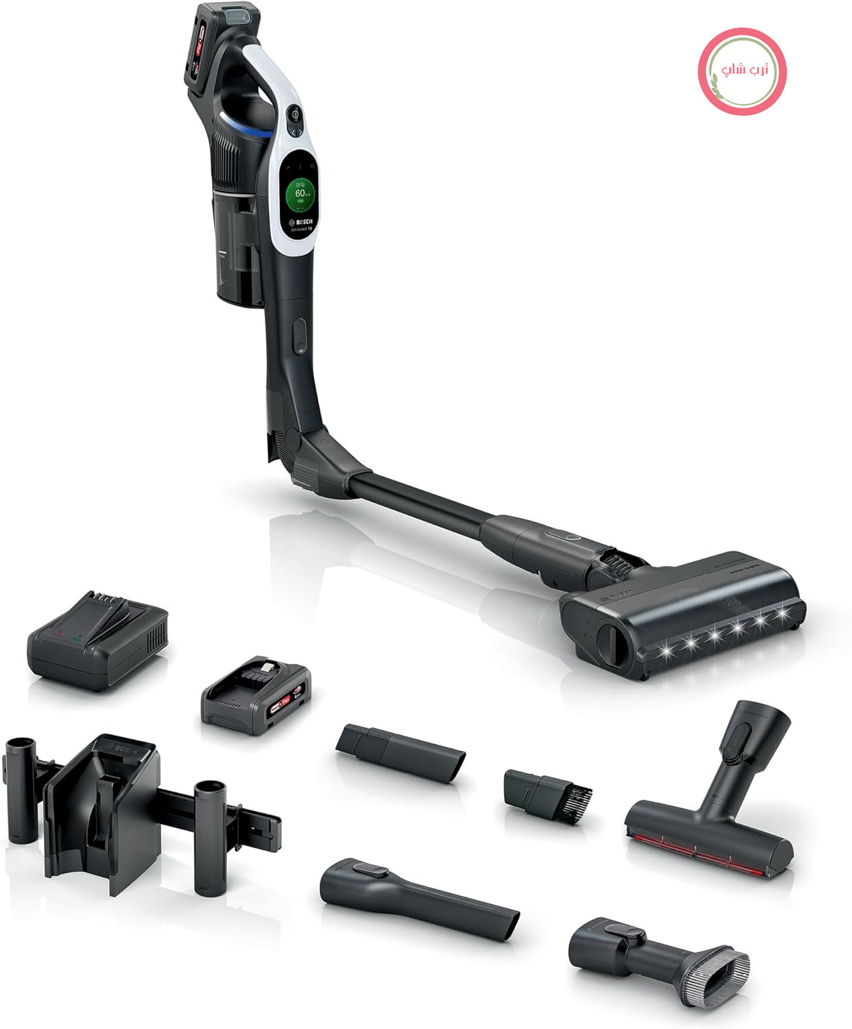 جاروبرقی بی‌سیم Bosch Unlimited 10 BTS1042WAC، فناوری MicroClean، صفحه نمایش TFT، فشرده‌سازی گرد و غبار، سیستم فیلتر HEPA، 10 سال گارانتی موتور، باتری 4 آمپر ساعت، چراغ LED، شارژر سریع، سفید