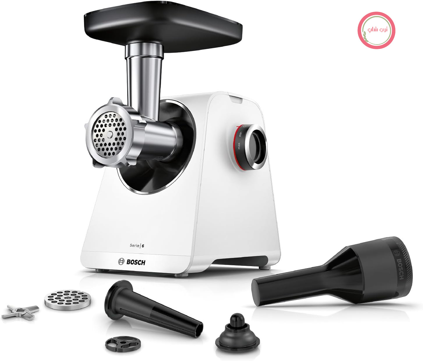 چرخ گوشت بوش سری 6 مدل MultiPower مدل MFWS607W، دارای 2 دیسک سوراخ‌دار (4.5 و 8 میلی‌متر)، استیل ضد زنگ، قابل شستشو در ماشین ظرفشویی، قابلیت اتصال به کباب‌پز و سوسیس‌پز، قدرت موتور 2100 وات، سفید