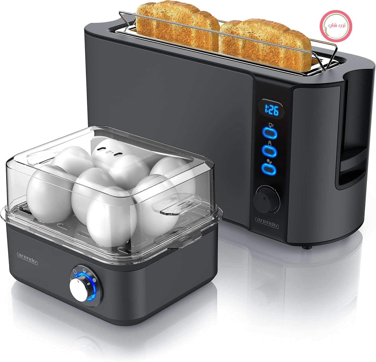 توستر آرندو مدل FRUKOST به همراه تخم مرغ پز EIGHTCOOK، توستر استیل ضد زنگ خاکستری خنک، ۲ برش، نمایشگر LED، ۶ سطح برشته کردن، جای نان، تخم مرغ پز ۱-۸ عددی، پیمانه اندازه گیری