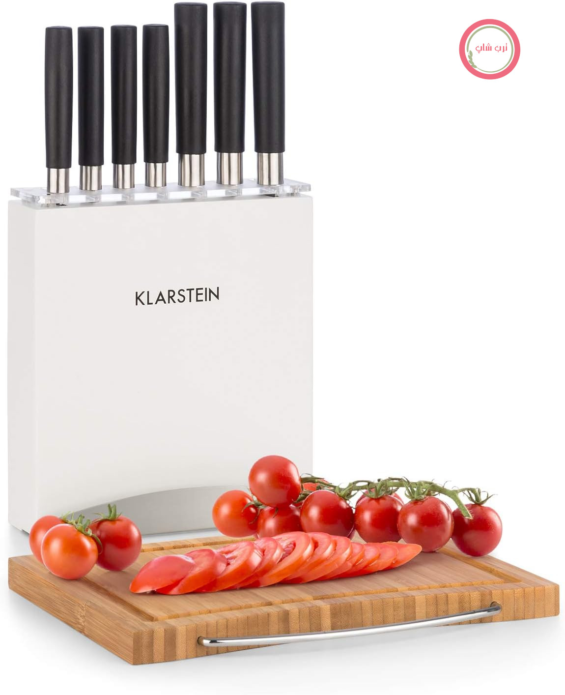 سرویس چاقوی 7 تکه Klarstein با بلوک، چاقوهای آشپزخانه، بلوک چاقوی چوبی و تخته برش، استیل ضد زنگ تیز، ضد خش، سرویس چاقوی ژاپنی با بلوک، سفید