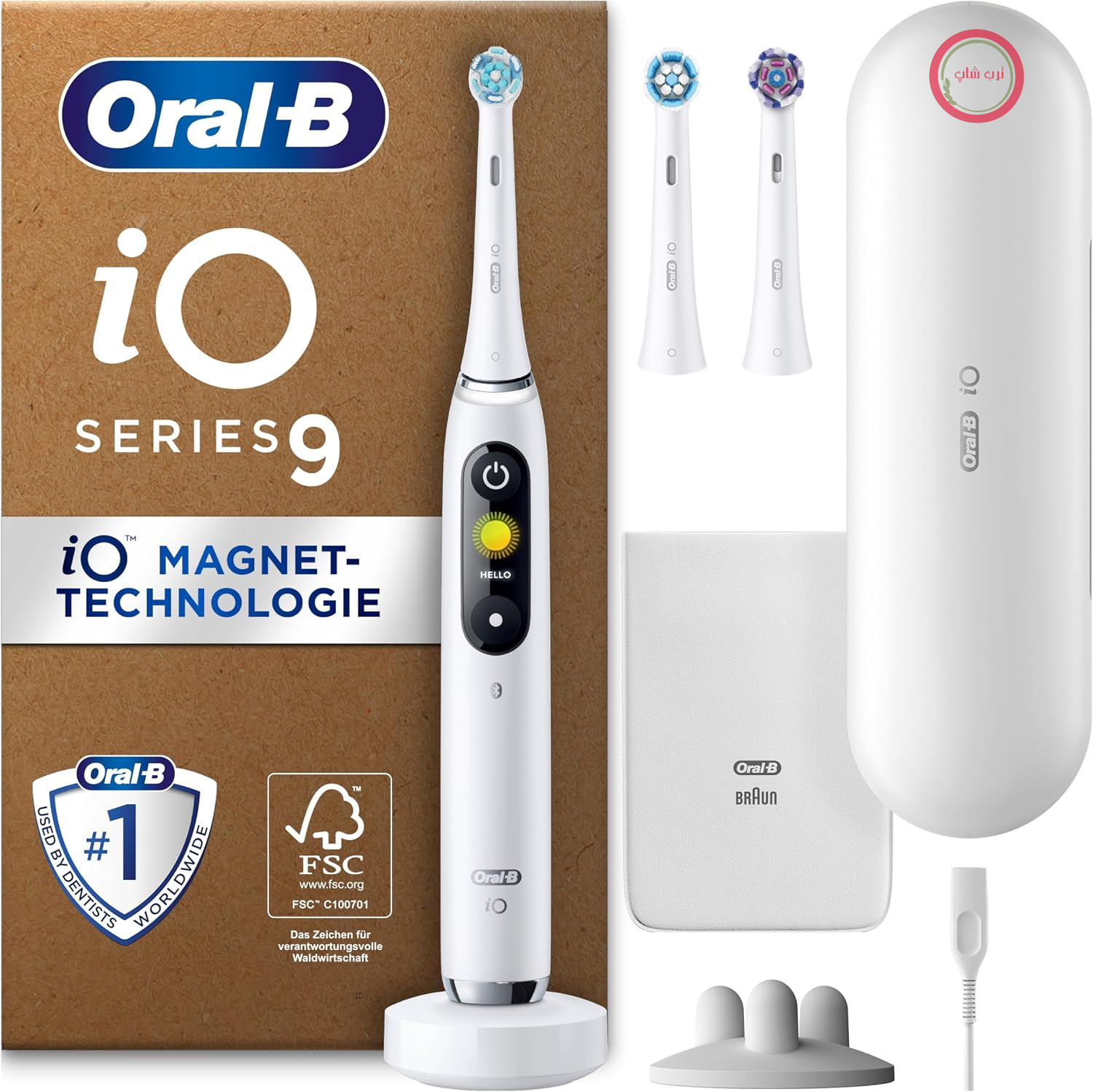 مسواک برقی اورال بی Oral-B iO Series 9 Plus Edition، PLUS 3 سر مسواک، 7 حالت مراقبت، کیف مسافرتی شارژ، طراحی شده توسط Braun، سنگ مرمر سفید