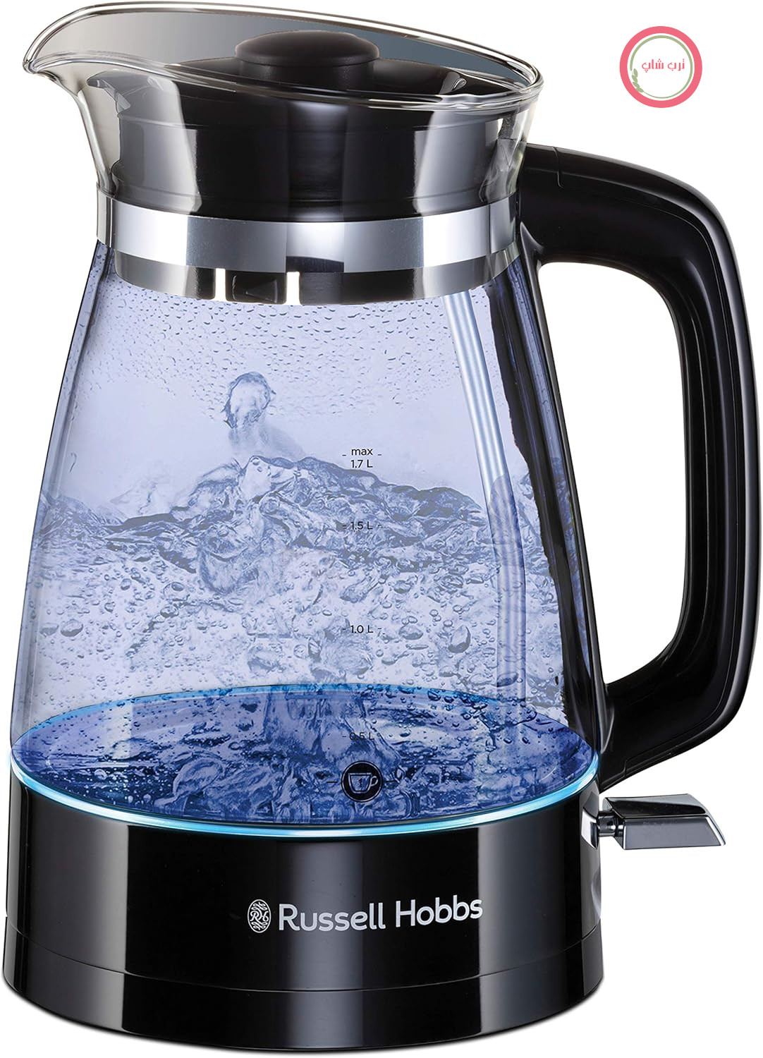 کتری شیشه‌ای راسل هابز مدل 26080-70 (طراحی بهینه دهانه شیشه‌ای، روشنایی LED)، طراحی کلاسیک، پایه استیل ضد زنگ، شفاف/نرم، 1.7 لیتر، 2400 وات