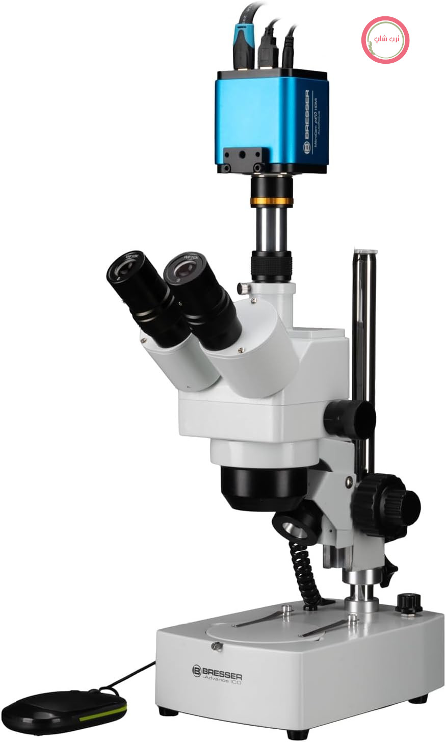 میکروسکوپ استریو سه چشمی Bresser با نور بازتابی/عبور، بزرگنمایی 10x-160x، عدسی شیئی 1x-4x، روشنایی LED، فوکوس خودکار، دوربین میکروسکوپ، HDMI، مشکی