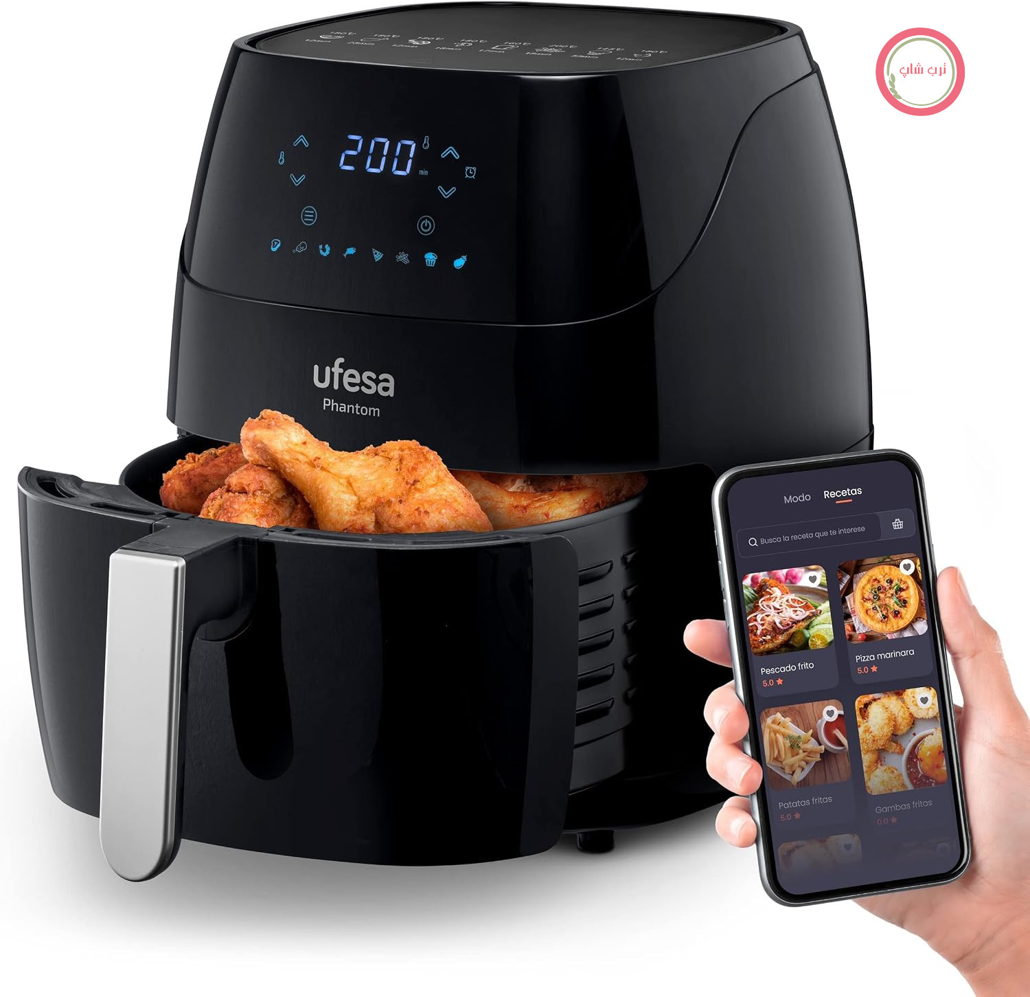 سرخ کن بدون روغن یوفسا اسپانیا فانتوم مدل Ufesa AF5000، ظرفیت ۵ لیتر، دارای وای فای و اپلیکیشن، دفترچه دستور پخت، صفحه نمایش لمسی دیجیتال LED، قابلیت پیش گرم کردن و گرم نگه داشتن