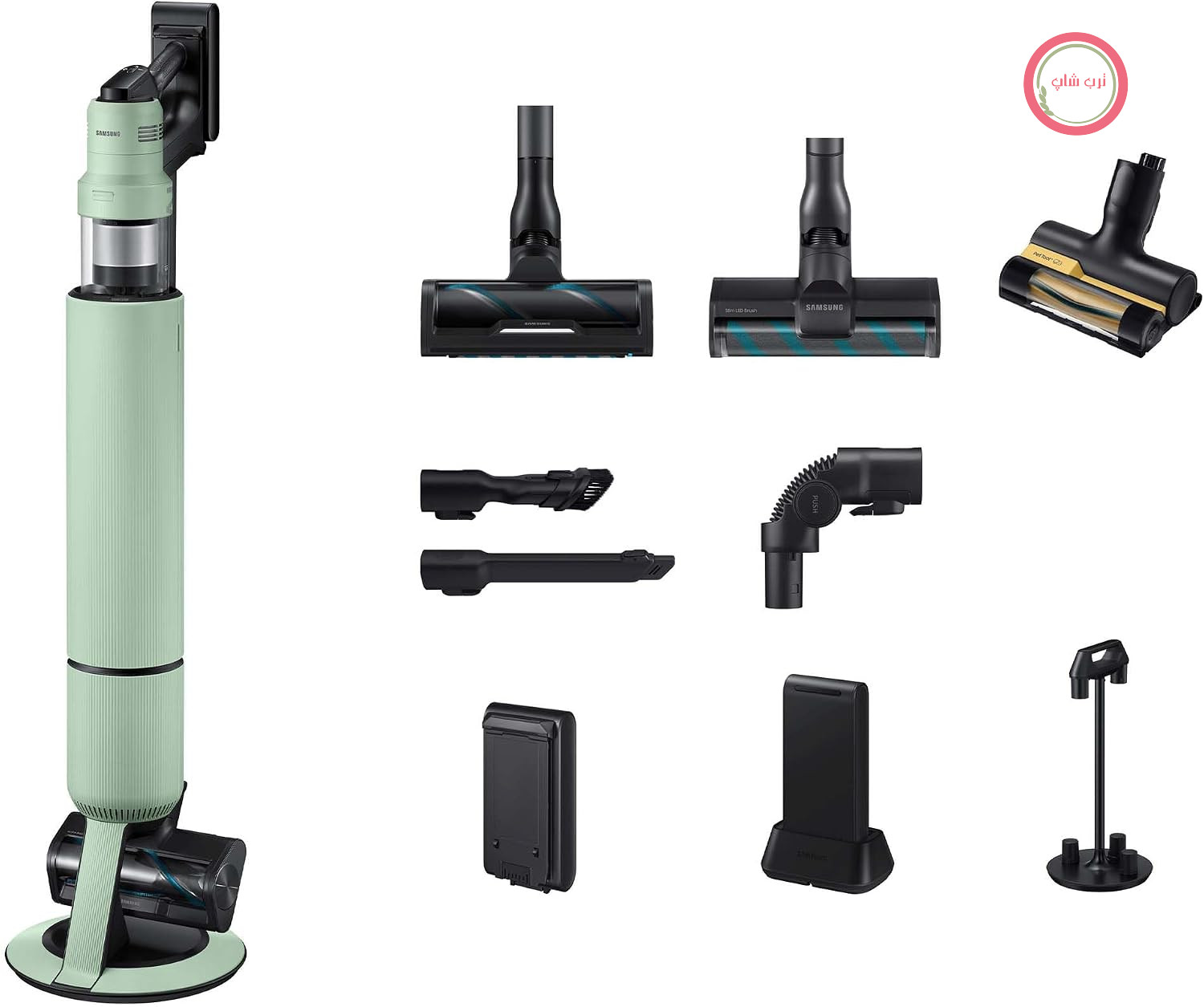 جارو شارژی سامسونگ Samsung مدل VS90F40EEM/WD مدل Bespoke AI Jet Ultra Cordless+ CompleteClean شامل لوازم جانبی، ۴۰۰ وات، ۲ باتری، پایه همه کاره، برس اکتیو Dual & Slim LED+، ابزار حیوانات خانگی+، Satin Mint