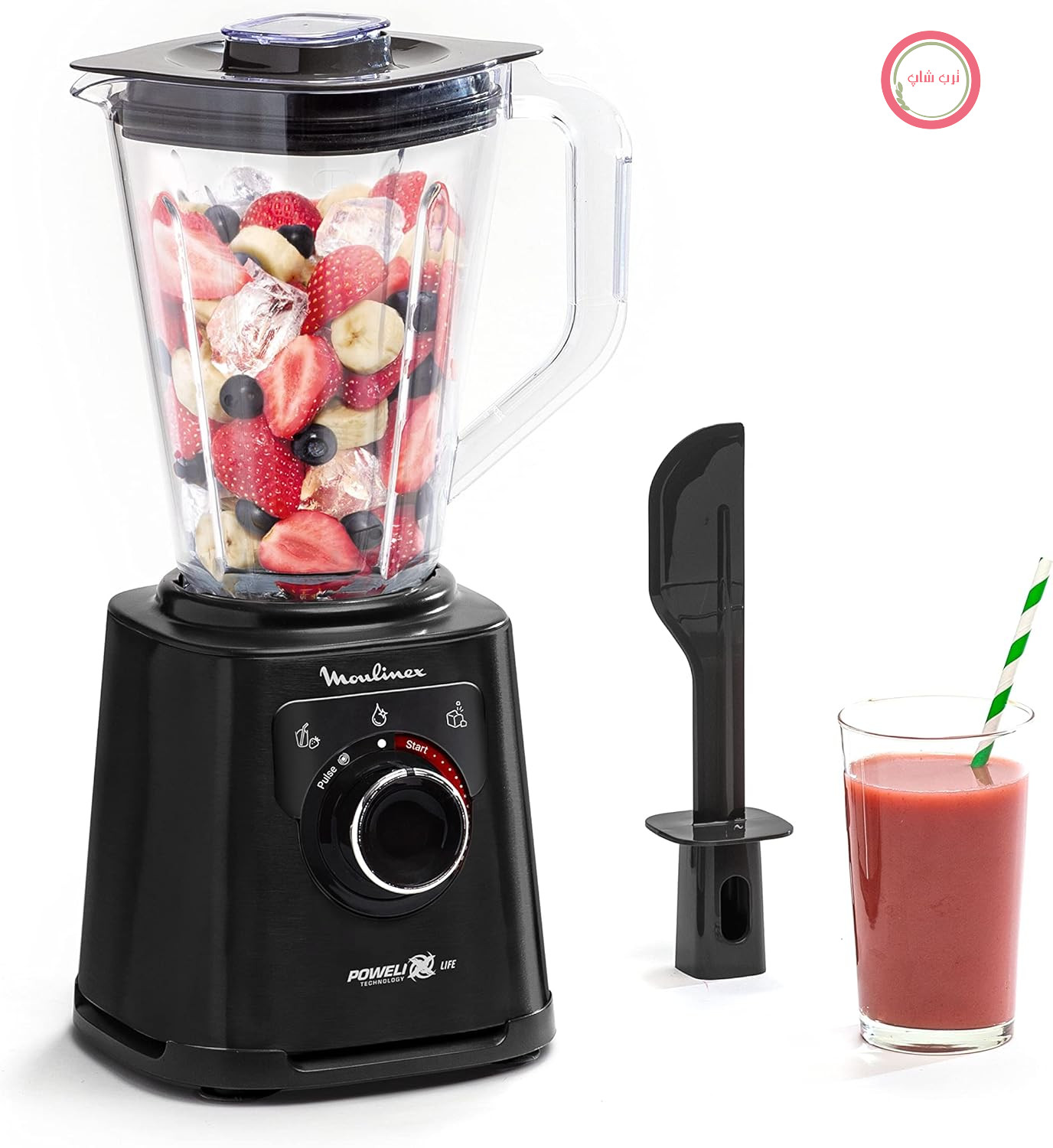 مخلوط کن Moulinex Perfect Mix+ LM88A8، 1200 وات، نتایج سریع، ظرفیت 1.5 لیتر، 3 برنامه: اسموتی ساز، یخ خرد کن، تمیز کردن خودکار، پارچ تریتان، شامل پارو، مشکی