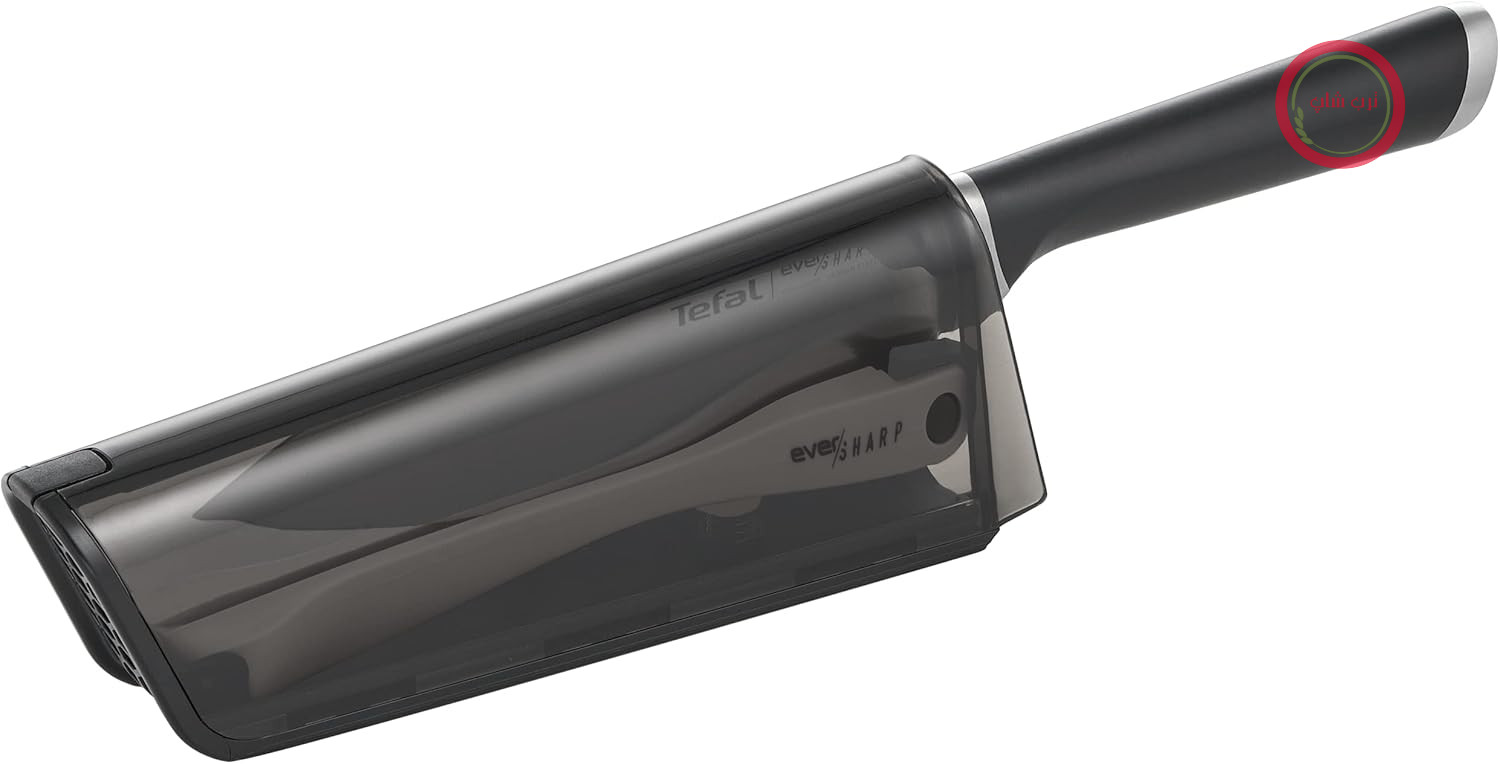 چاقوی سرآشپز Tefal Ever Sharp، 16.5 سانتی‌متر، تیزکن چاقوی یکپارچه در دسته، برش‌دهنده، برش و خرد کردن، فناوری تیز کردن، دو چرخان، سیستم قفل، فولاد ضد زنگ آلمانی، استفاده آسان