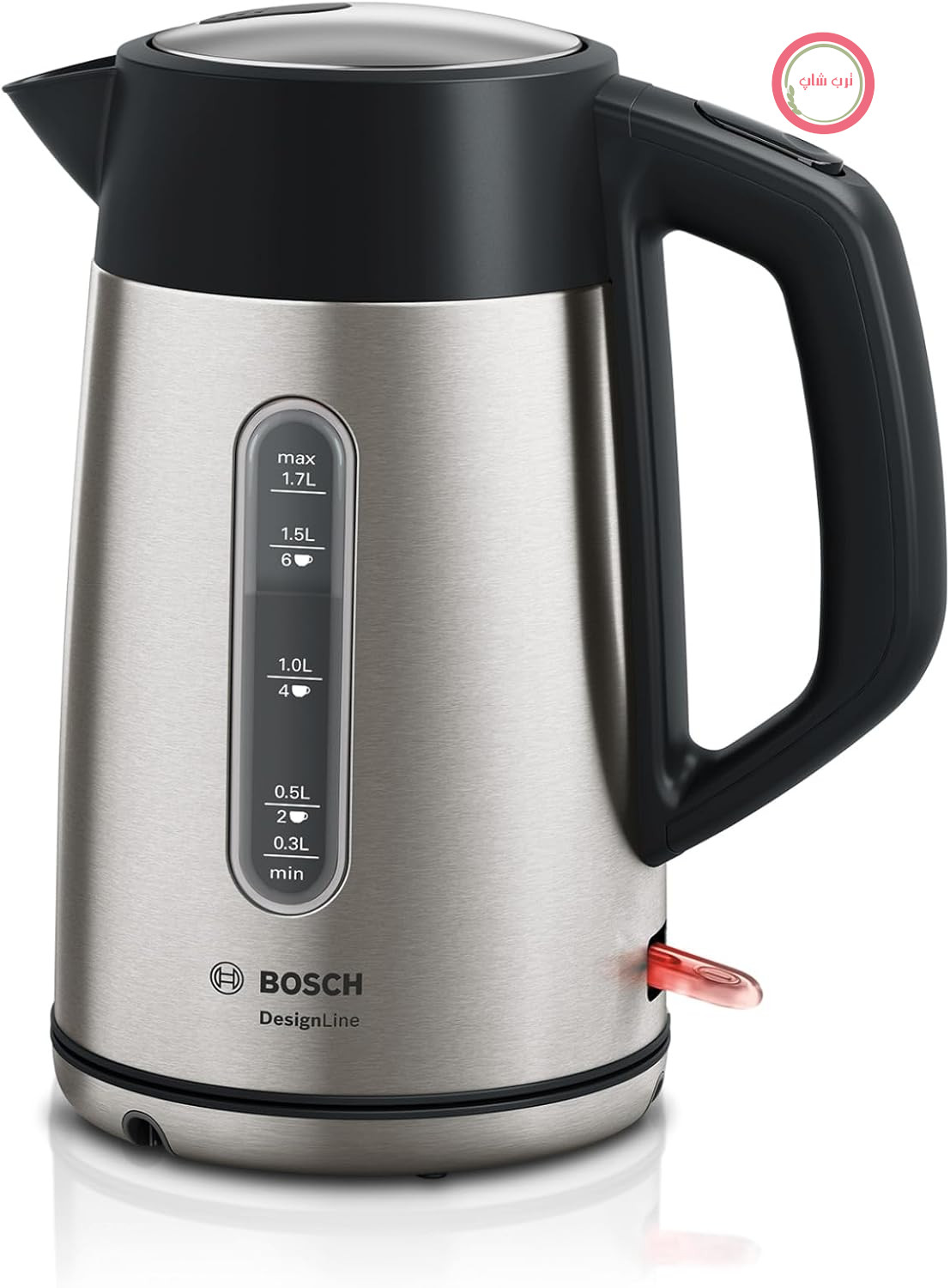 کتری بی‌سیم Bosch DesignLine TWK4P440، بدون پاشش آب، نشانگر فنجان، نشانگر سطح آب، محافظت در برابر گرمای بیش از حد، 1.7 لیتر، 2400 وات، استیل ضد زنگ/مشکی