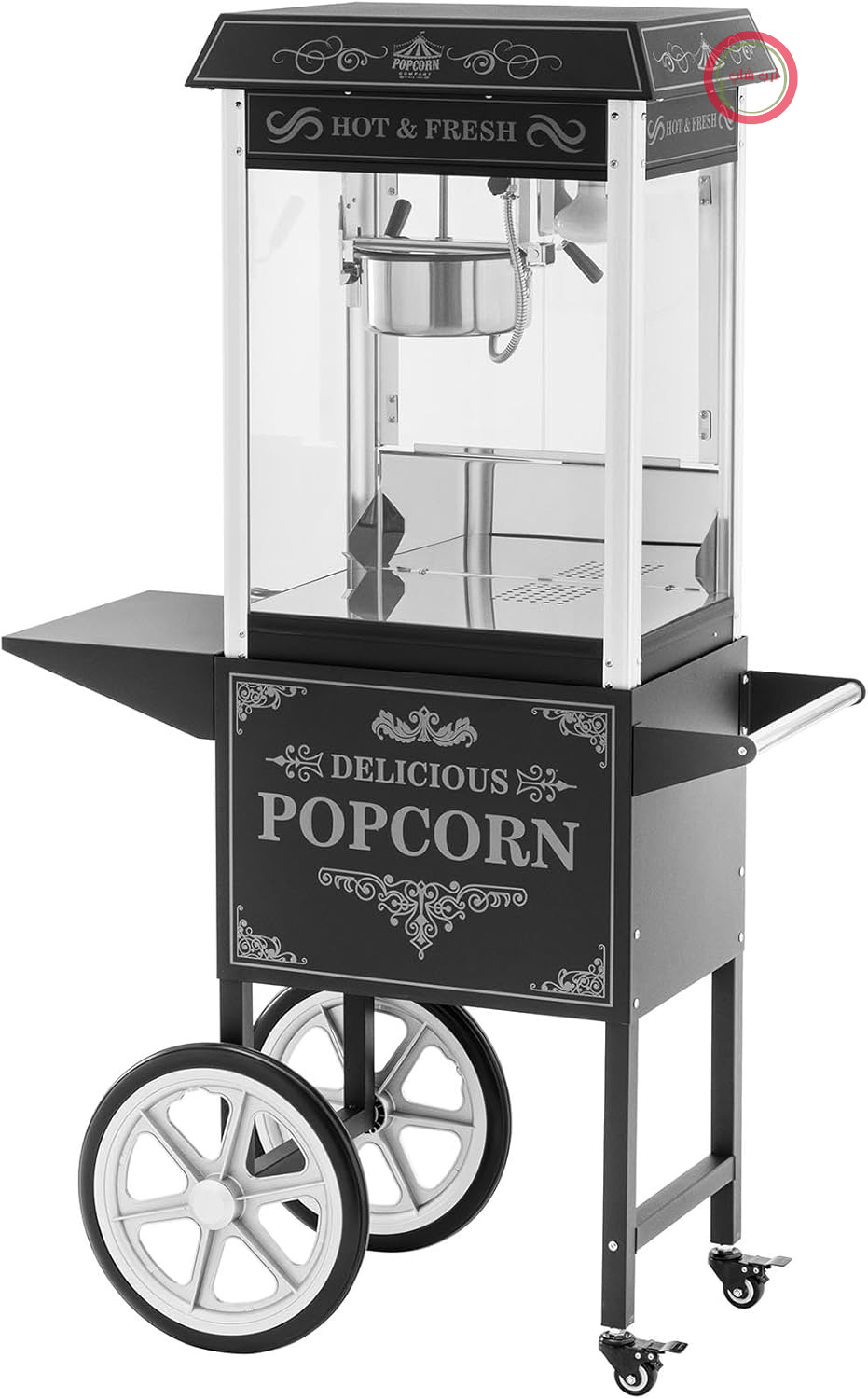 دستگاه پاپ کورن ساز Royal Catering با سبد خرید، طراحی رترو، 1500 وات، 195/235 درجه سانتیگراد، 2 دما برای پاپ کورن شیرین و شور، سازنده پاپ کورن مشکی