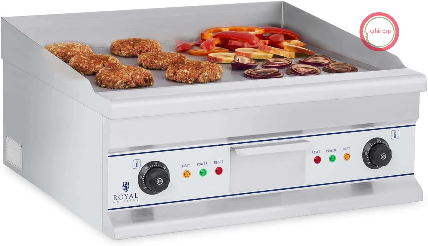 صفحه گریل دوتایی برقی صنعتی رویال کترینگ آلمان Royal Catering گاسترو، ۲ عدد، قدرت ۳۷۵۰ وات، ولتاژ ۴۰۰ ولت، دمای ۵۰ تا ۳۶۵ درجه سانتی‌گراد، ابعاد ۵۹۷ در ۳۸۹ میلی‌متر