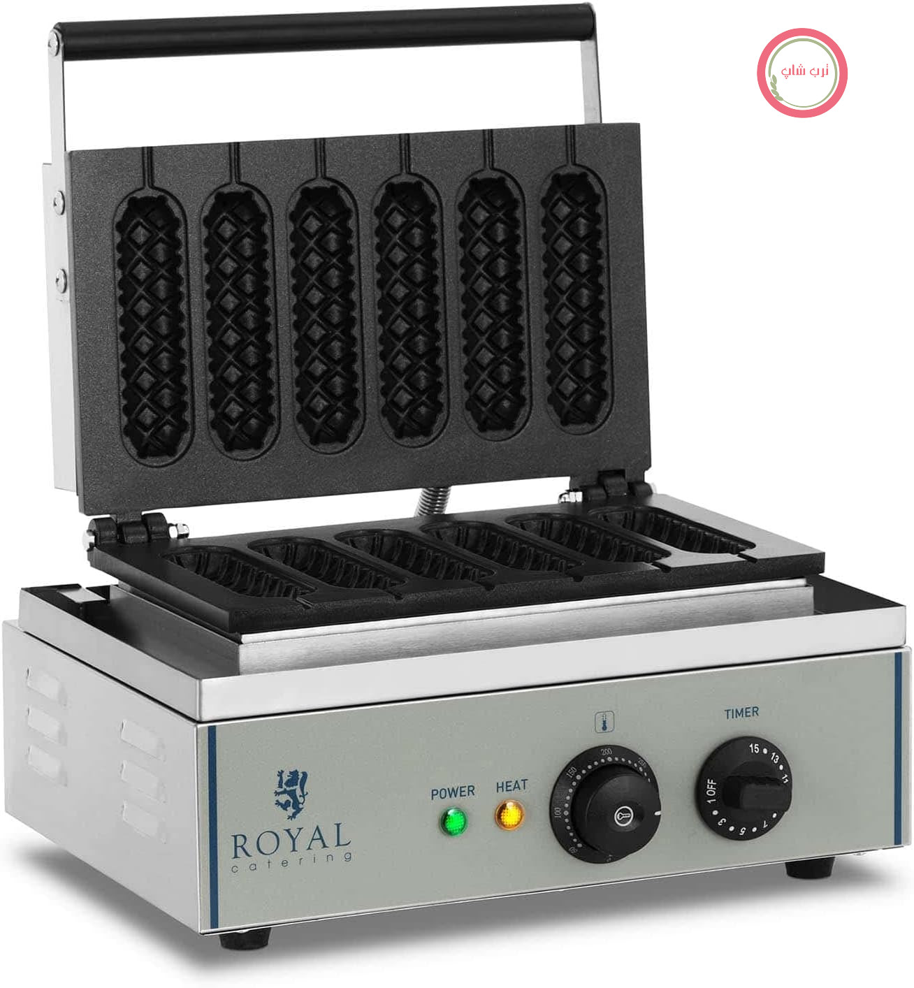 وافل ساز صنعتی رویال کترینگ آلمان Royal Catering RCWM-1500-S کورن داگ 1500 وات، 6 عدد، تایمر 15 دقیقه ای، تفلون و آلومینیوم