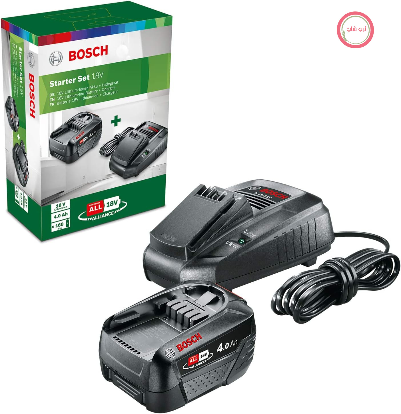 استارتر باتری و شارژر سریع بوش آلمان Bosch مدل PBA 18 ولت 4.0 آمپر ساعت + AL18