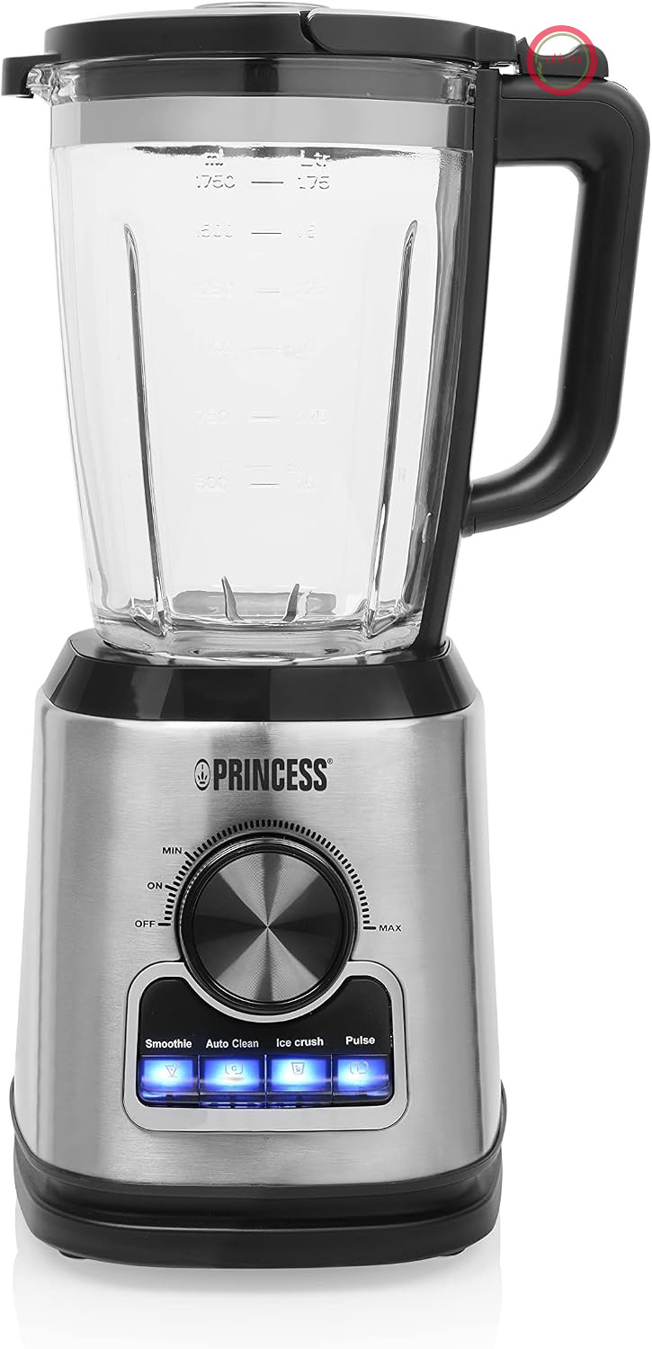 مخلوط کن پرینسس هلند Princess مدل ۲۱۲۰۹۴ – ۱۴۰۰ وات – ۱.۷۵ لیتر پارچ شیشه‌ای – عملکرد پالس، خردکن یخ و تمیزکننده خودکار، نقره‌ای
