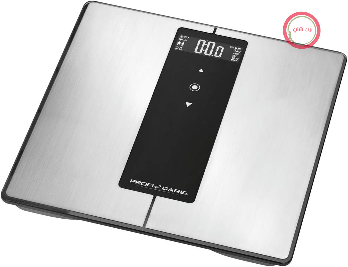 ترازوی تشخیصی ۹ کاره پروفی‌کر آلمان استیل ضد زنگ ProfiCare PC-PW 3008 BT با قابلیت بلوتوث، صفحه نمایش LCD چند منظوره، عملکردهای اضافی از طریق اپلیکیشن گوشی هوشمند