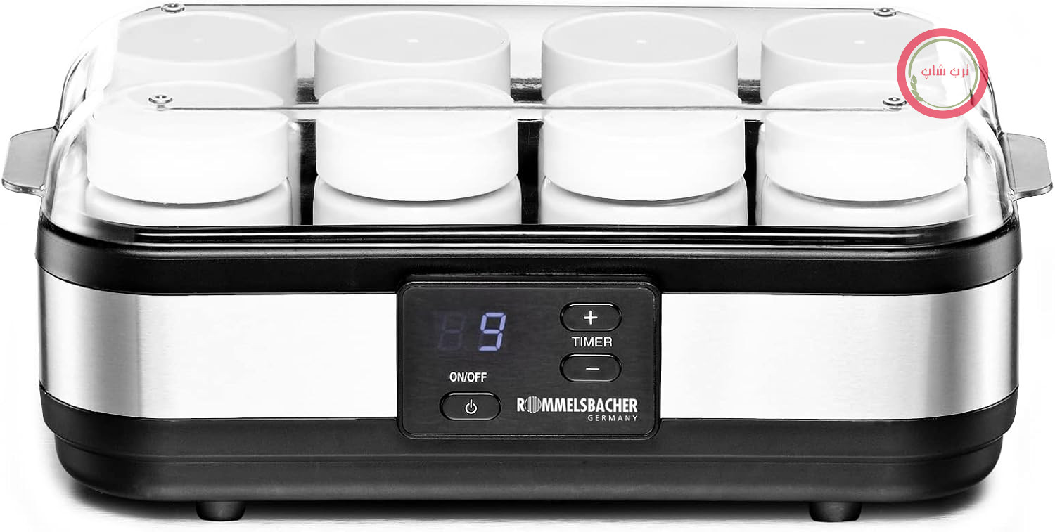 دستگاه ماست ساز ROMMELSBACHER مدل JG 40 - برای حداکثر 1200 گرم ماست، صفحه نمایش LCD، تایمر 18 ساعته، خاموش شدن خودکار، کنترل دمای الکترونیکی، 8 ظرف 150 میلی لیتری، 40 وات