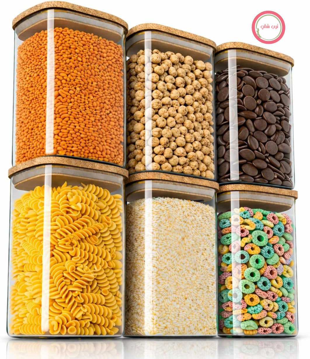 Arendo - شیشه‌های نگهداری با درب 1650 میلی‌لیتر - مجموعه 6 عددی - ظروف شیشه‌ای - مقاوم در برابر حرارت - شیشه‌های نگهداری با درب بامبو - بدون درز - برای موسلی، شکر، آرد، قهوه، برنج