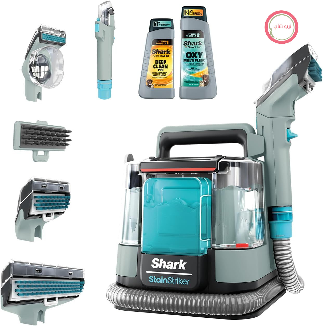 لکه‌بر Shark StainStriker با ۵ سری، الیاف فرش و روکش مبلمان را تمیز می‌کند، از باقی‌مانده غذا، مایعات و بوی حیوانات خانگی جلوگیری می‌کند، ۲ فرمول تمیزکننده کامل، ۴۵۰ وات، خاکستری، PX200EUCP