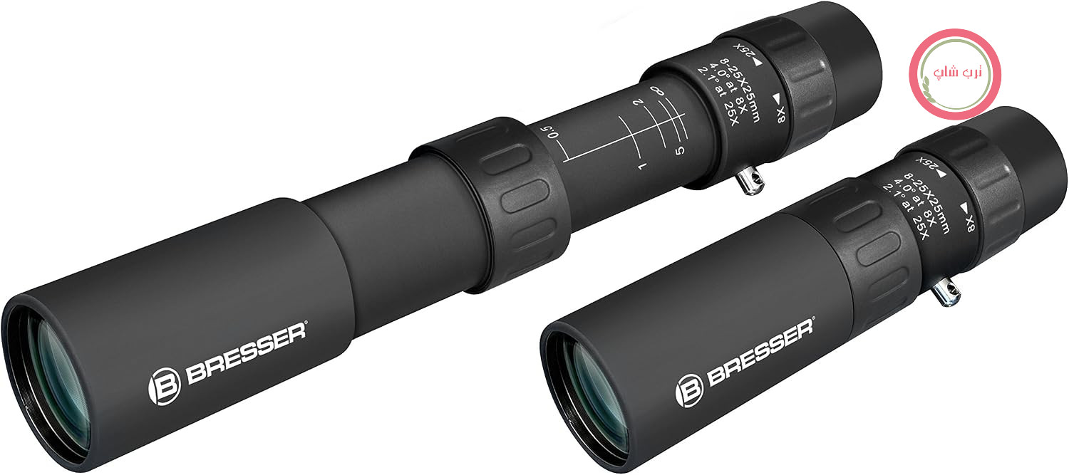 منشور سقفی تک چشمی Bresser Zoom 8-25x25 با بزرگنمایی پله‌ای و عملکرد ماکرو شامل کیف حمل و بند گردنی | بزرگنمایی پله‌ای، فوکوس نزدیک زیر 0.5 متر، اپتیک کاملاً اندود شده، میدان دید 70 متر، تنها 124 گرم، کیف و بند