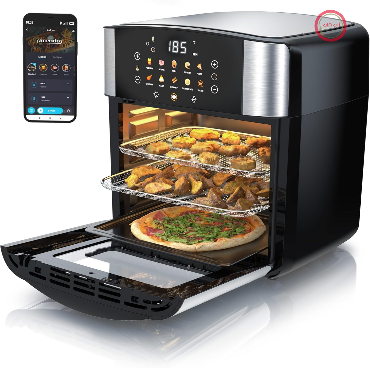 سرخ کن بدون روغن Arendo - XXL Smart WiFi - فوق العاده بزرگ 16 لیتر - فر کانوکشن - گریل - خشک کن - سرخ کن بدون روغن - صفحه لمسی - آسان و تمیز - سرخ کن بدون روغن - پیتزا، مرغ، سیب زمینی سرخ کرده - بدون BPA