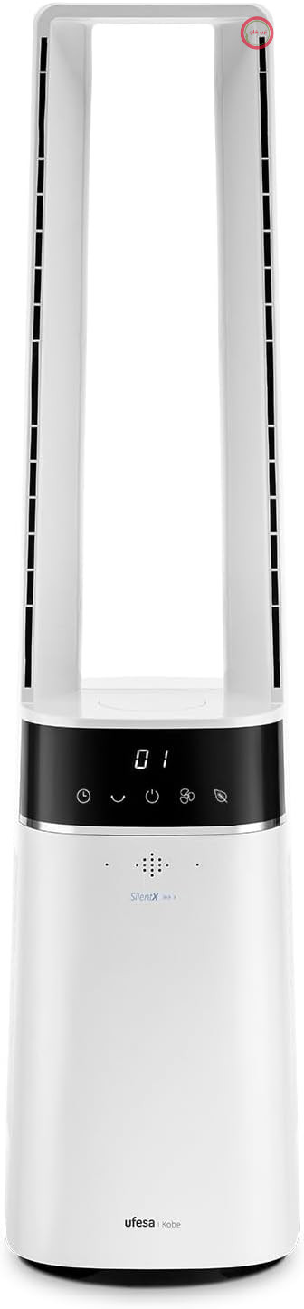 پنکه بدون پره Ufesa مدل Kobe SilentX 35W، موتور بدون جاروبک، ۱۲ سرعت، ۲ حالت باد، چرخش ۷۵ درجه، صفحه نمایش LED، تایمر ۱۲ ساعته، کنترل از راه دور، ارتفاع ۸۶ سانتی‌متر