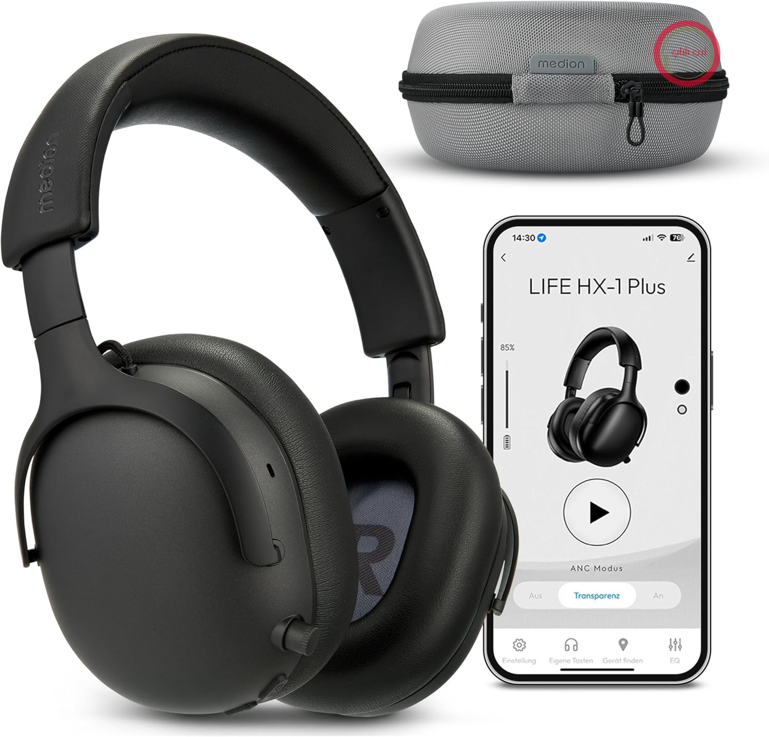 هدفون روگوشی MEDION مدل HX-1 Plus (بی‌سیم، حذف نویز فیدفوروارد، بلوتوث ۶.۰، بی‌سیم، ۵+۱ اکولایزر از پیش تنظیم شده، عمر باتری تا ۱۰۰ ساعت، ضد آب با استاندارد IPX4) مشکی