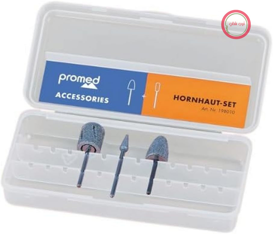 مجموعه ساینده پینه Promed، 3 بدنه ساینده برای از بین بردن پینه، مجموعه مته، اتصالات مته میخ، لوازم جانبی برای مته‌های Promed، قطر شفت 2.332 تا 2.350 میلی‌متر.