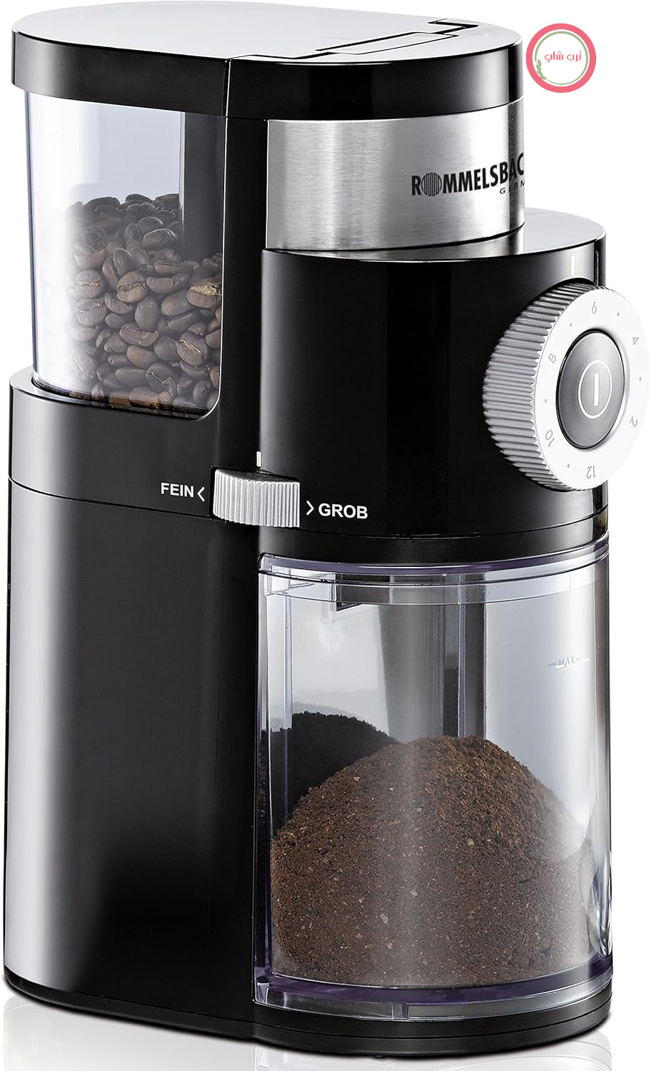 آسیاب قهوه ROMMELSBACHER مدل EKM 200 – آسیاب دیسکی با قابلیت حفظ عطر، تنظیم آسیاب از درشت تا ریز، برای ۲ تا ۱۲ وعده، ظرفیت مخزن دانه ۲۵۰ گرم، ۱۱۰ وات، مشکی