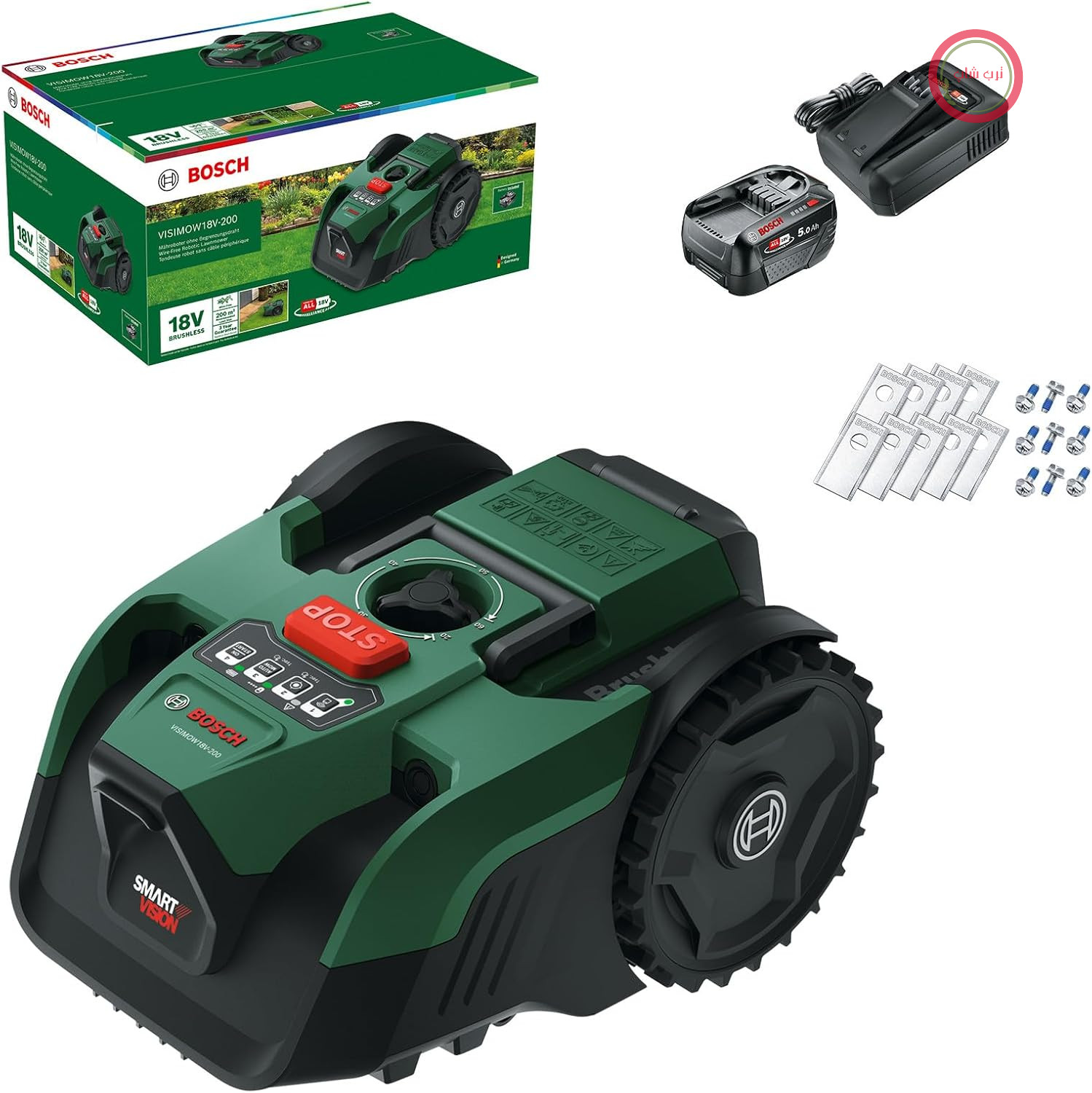 ماشین چمن زنی رباتیک شارژی بوش آلمان Bosch مدل VISIMOW18V - 200 برای چمن زنی تا 200 متر مربع، عرض برش: 18