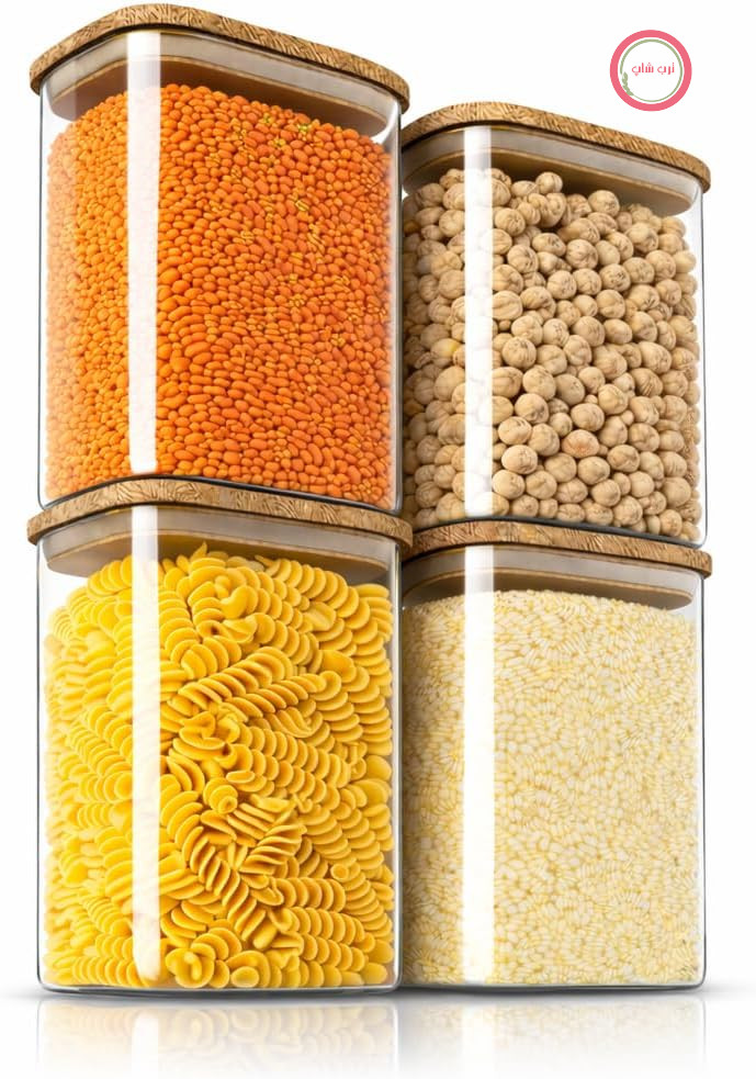Arendo - ظروف نگهداری با درب 1200 میلی‌لیتر - مجموعه 4 عددی - ظروف شیشه‌ای - مقاوم در برابر حرارت - شیشه‌های نگهداری/انبار با درب بامبو - بدون درز - برای موسلی، شکر، آرد، قهوه، برنج
