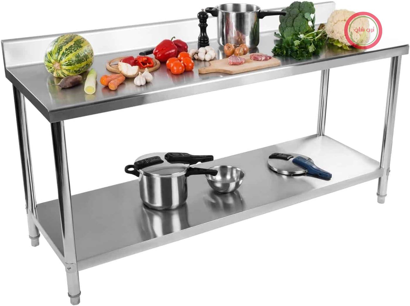 میز کار رستورانی رویال کترینگ آلمان Royal Catering RCAT-200/60-S، میز استیل ضد زنگ (200 در 60 سانتی‌متر، 1 سطح کار و 1 سطح ذخیره‌سازی، تا 400 کیلوگرم، لبه برجسته، ارتفاع قابل تنظیم، استیل ضد زنگ)