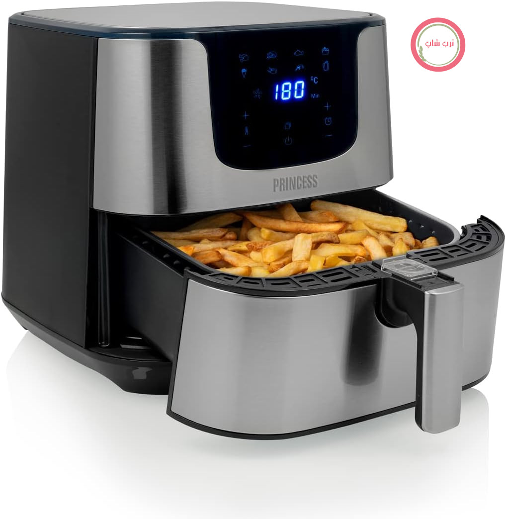سرخ‌کن هوای گرم پرینسس هلند Princess XXL با ظرفیت ۵.۵ لیتر - ۶۲.۲٪ مصرف انرژی کمتر - Airfryer دیجیتال Deluxe - ۸ برنامه - استیل ضد زنگ - بدون روغن - Aerofryer 182060، نقره‌ای